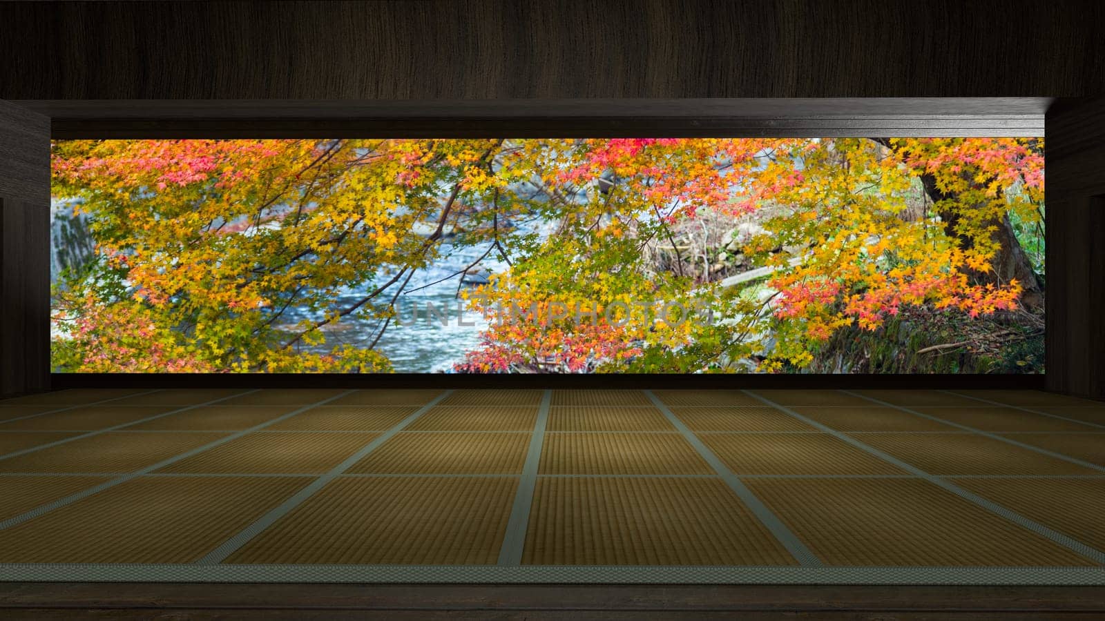 3d rendering traditional Japanese room open to view of beautiful colorful view