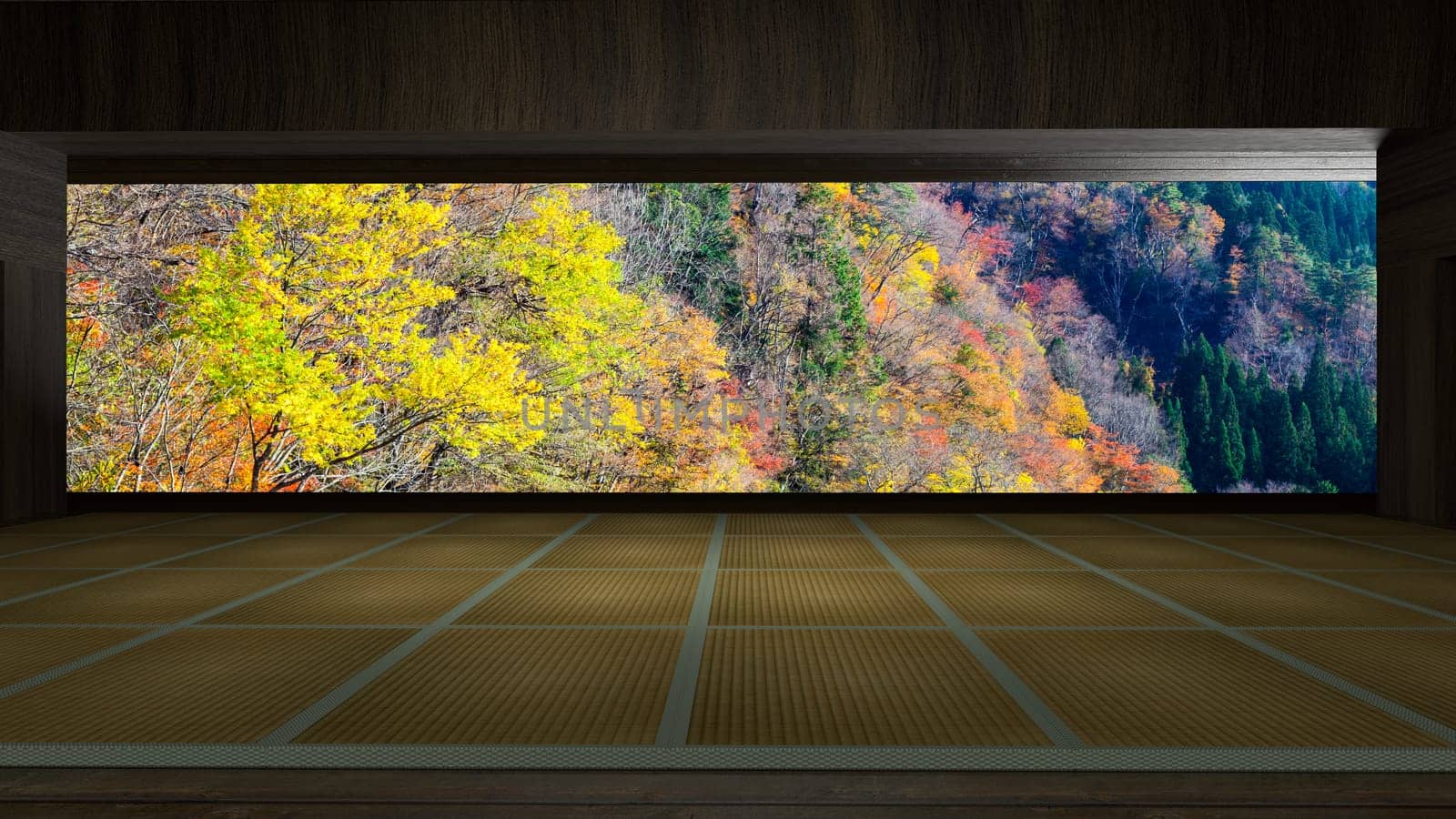 3d rendering traditional Japanese room open to view of beautiful colorful view