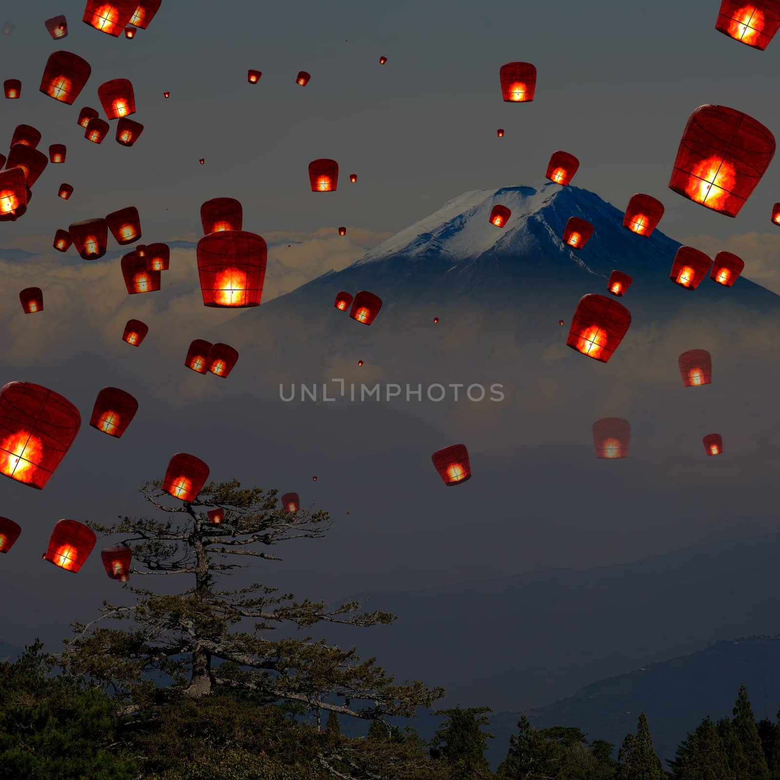3d rendering of floating sky lanterns with nice view