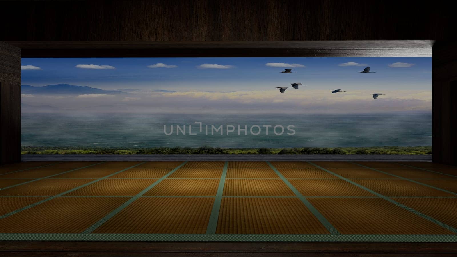 3d rendering traditional Japanese room open to view of beautiful colorful view