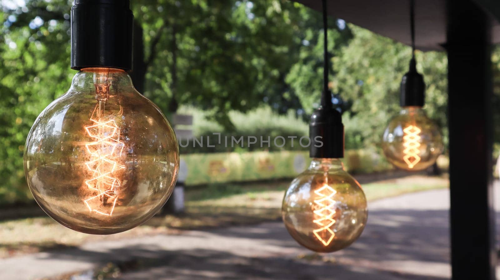 Edison incandescent bulbs hang in a retro loft style. Cafeteria decoration close-up. Street decor Light lanterns Warm light. Soft focus, blurred street background.