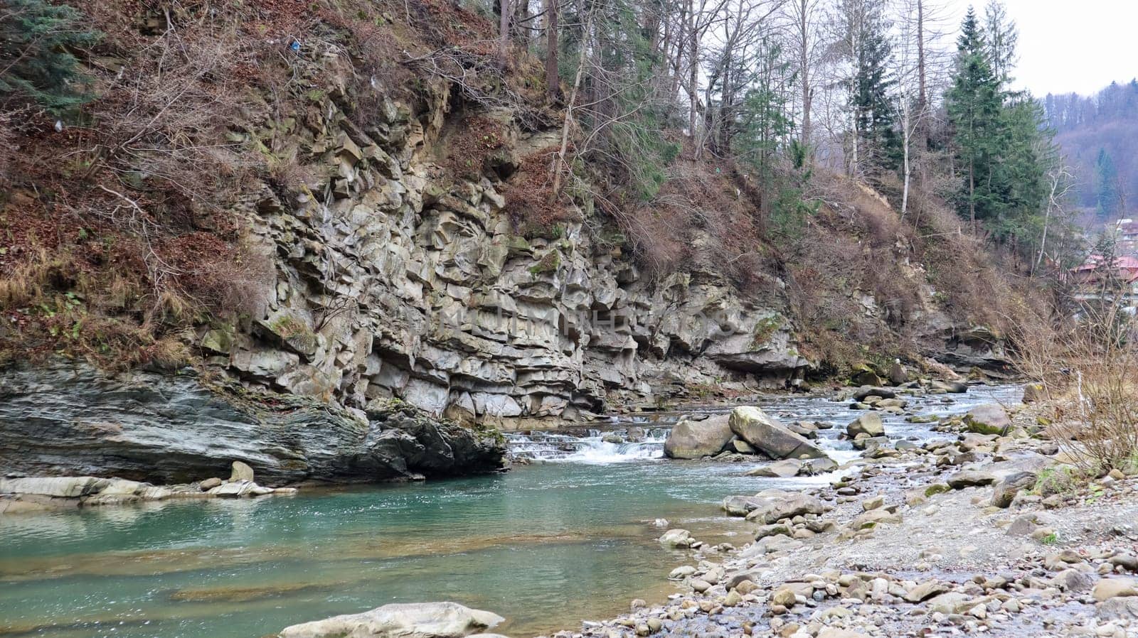 Landscape of a mountain river in the forest in early autumn and late summer. water in a natural stream. beautiful and relaxing forest with a river. River deep in mountain forest. Nature composition