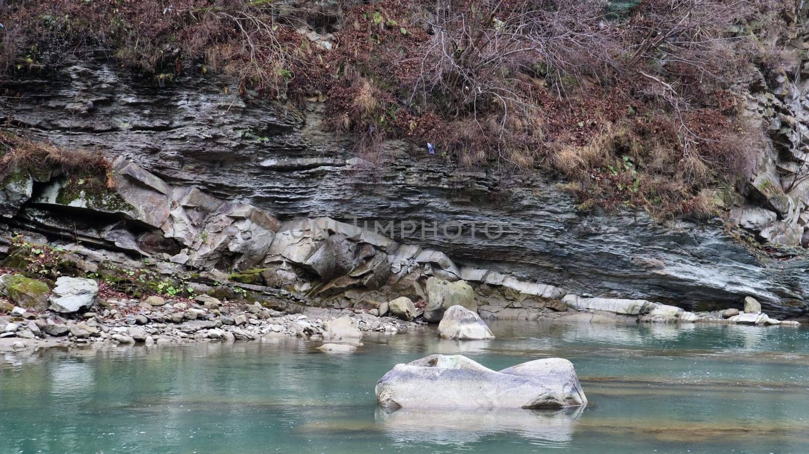 Landscape of a mountain river in the forest in early autumn and late summer. water in a natural stream. beautiful and relaxing forest with a river. River deep in mountain forest. Nature composition
