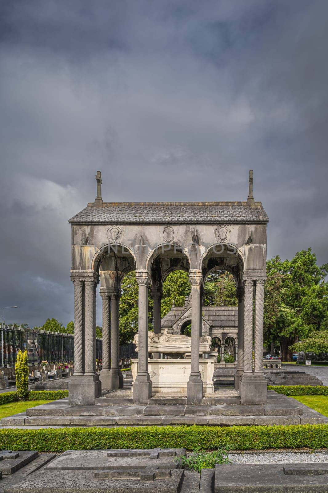 Dublin, Ireland, August 2019 Ancient, beautifully ornate sarcophagus and graves in Glasnevin Cemetery