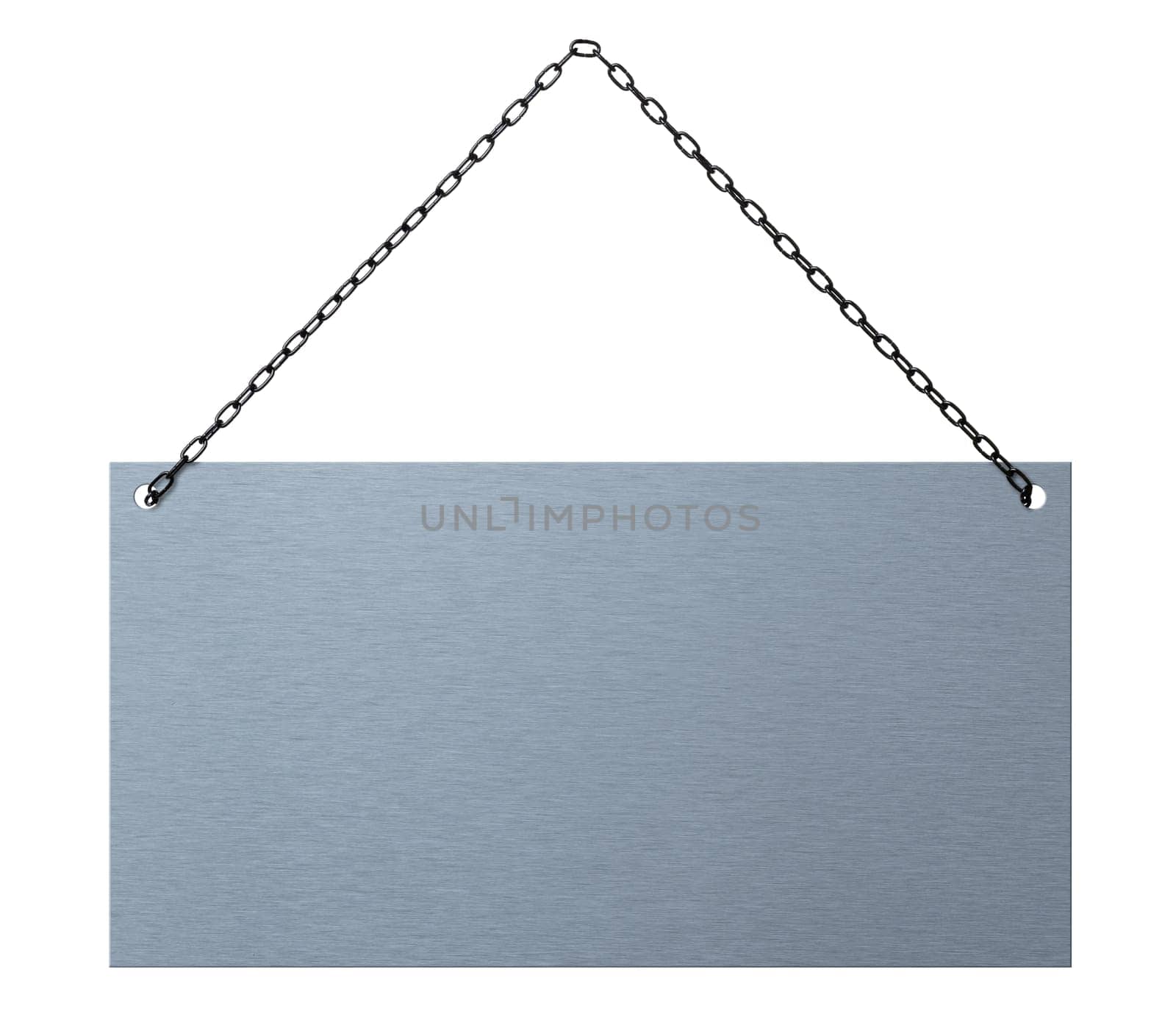 A hanging metal sign on a white background