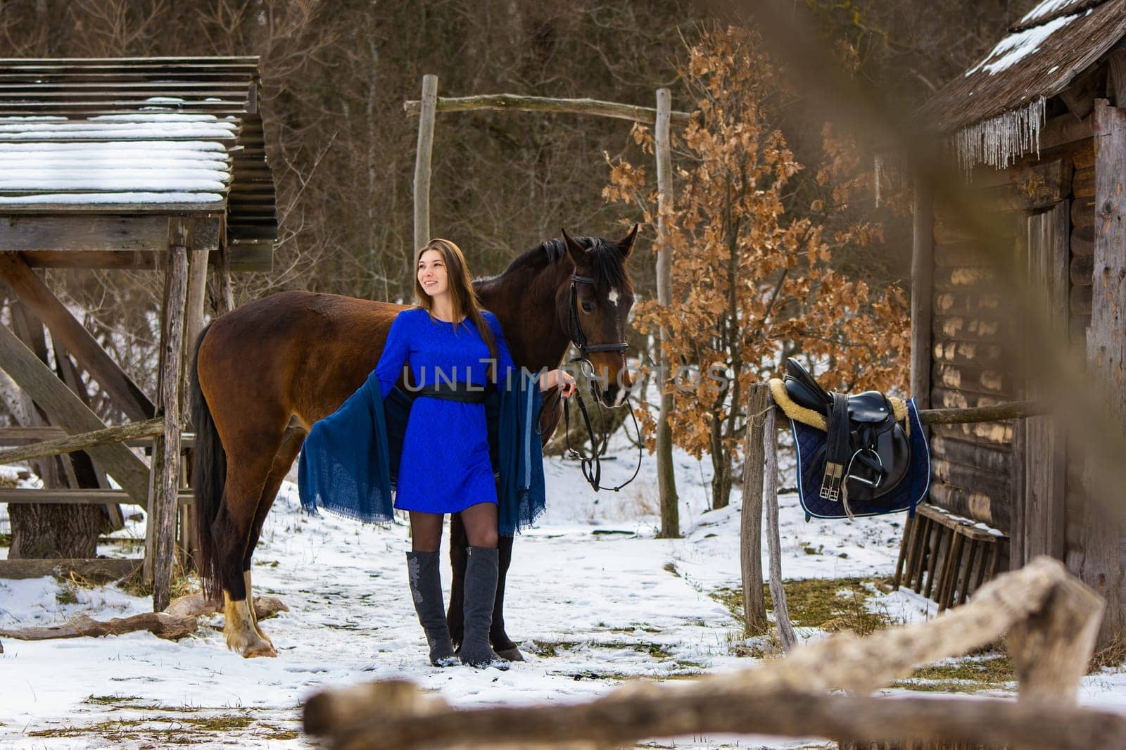 A beautiful girl in a blue dress stands with a horse against the background of old wooden buildings in a winter forest