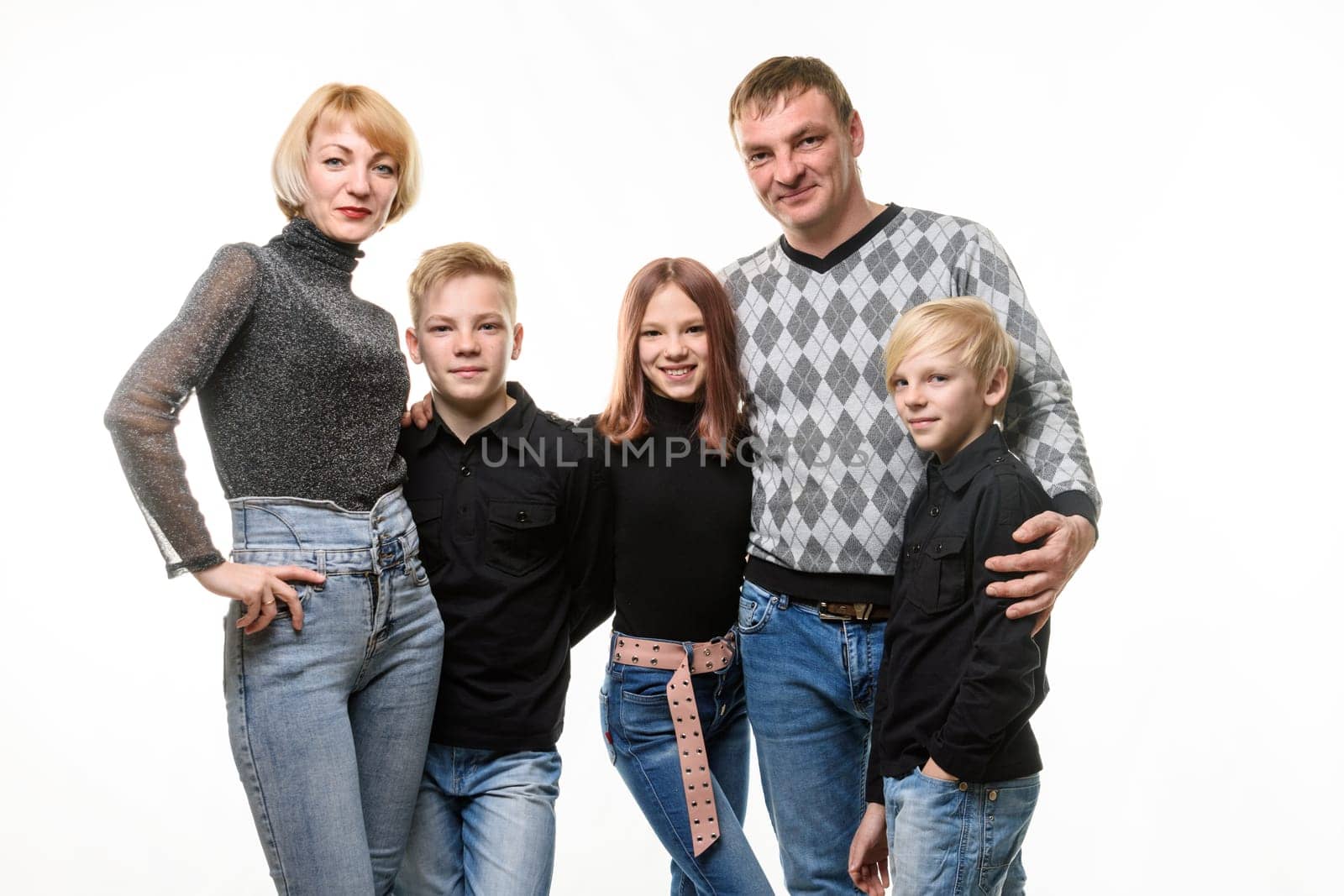 Large adult Russian family in casual clothes, isolated on white background