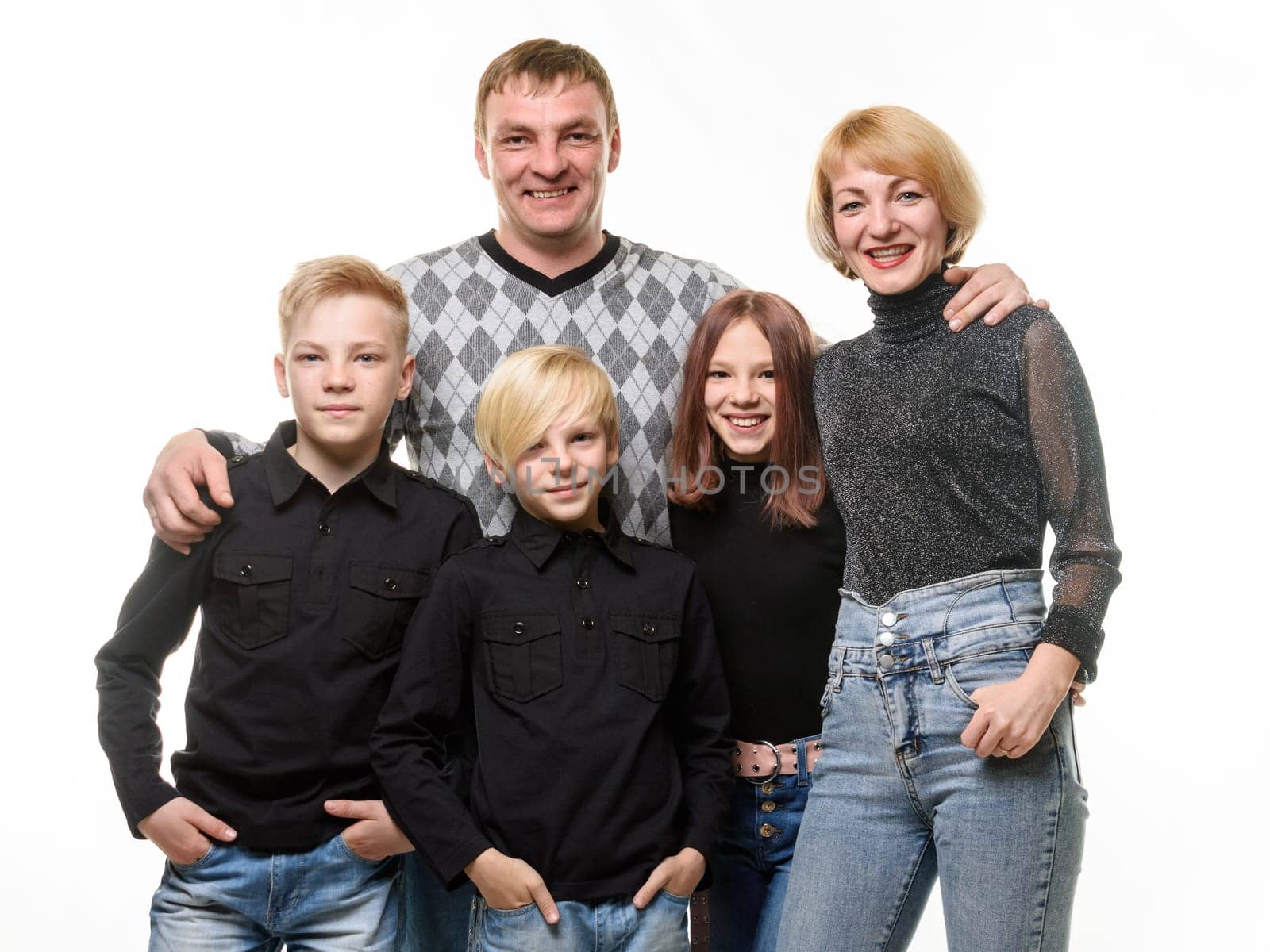 Happy adult large family in casual clothes, isolated on white background