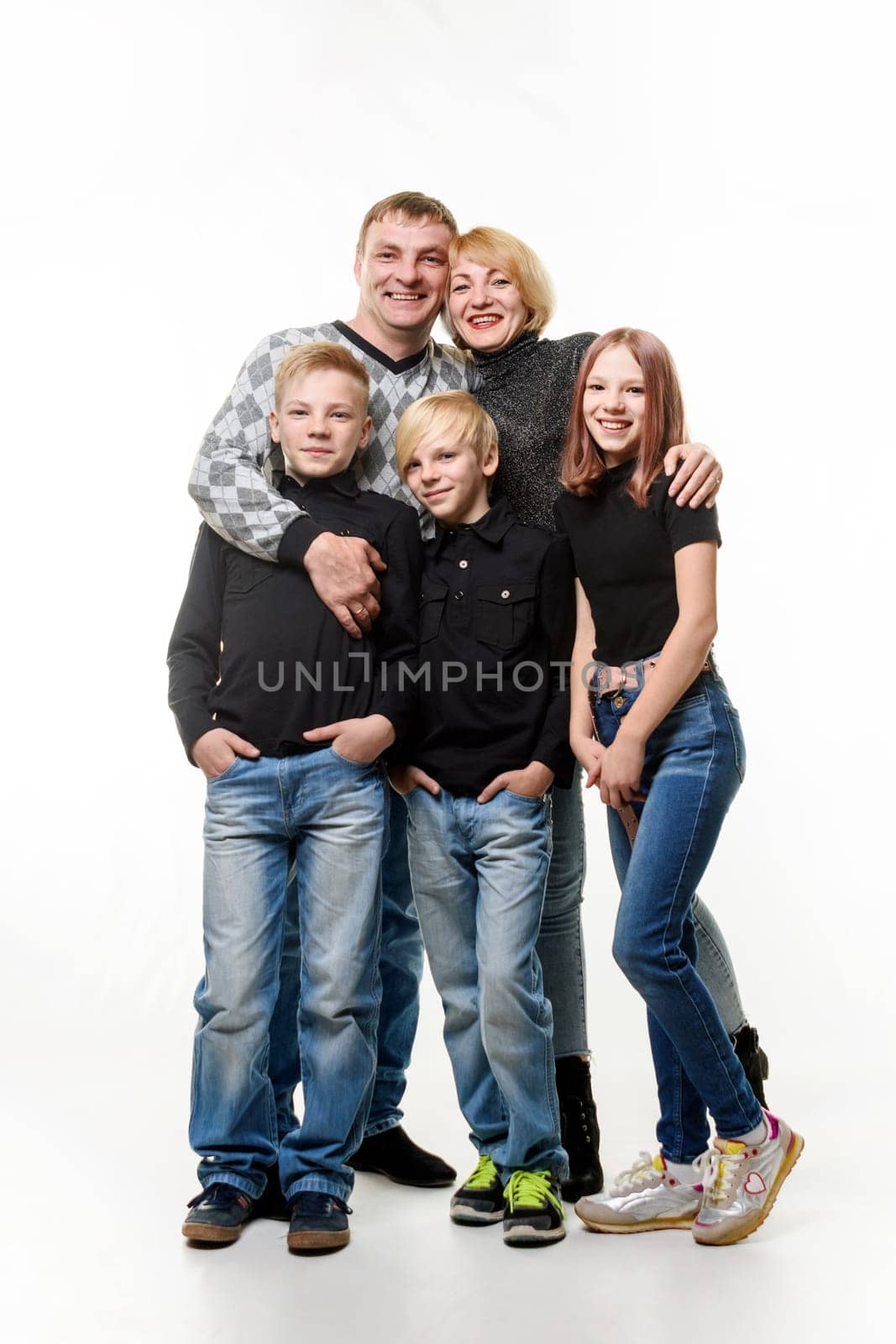Happy adult large family in full growth isolated on white background