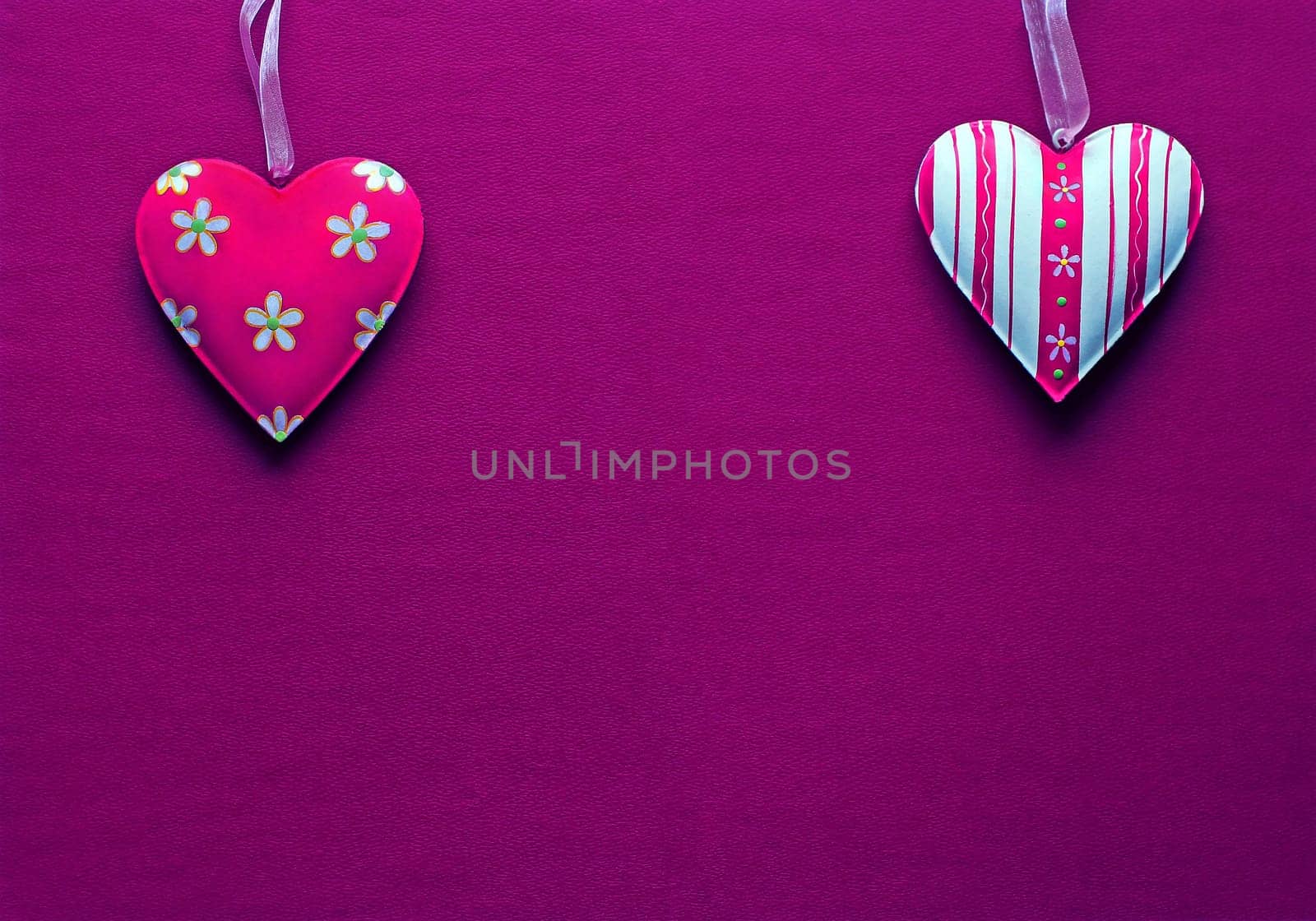 Two white pink metal hearts on a dark pink paper background