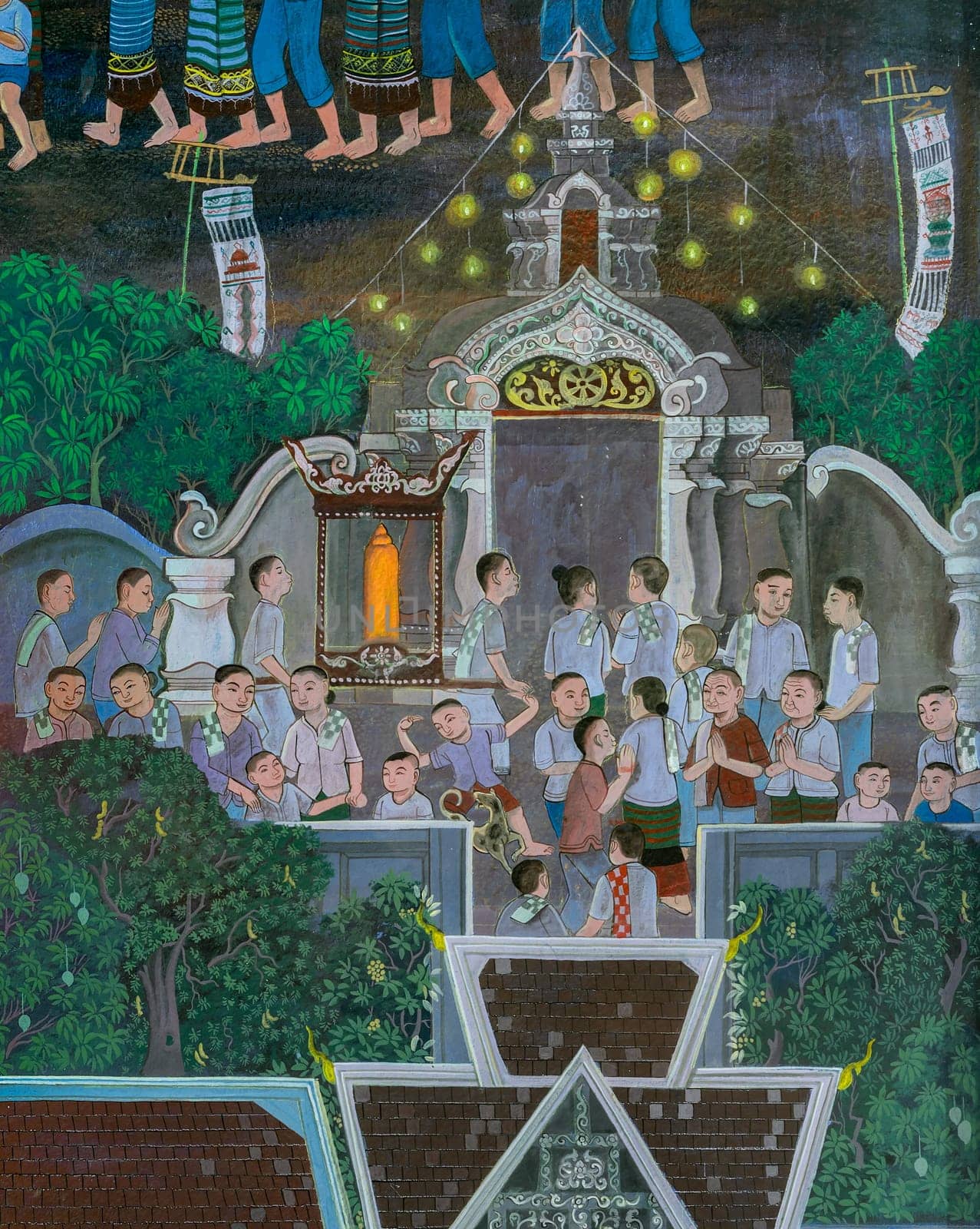 CHIANG MAI,THAILAND - OCTOBER 27, 2014 : Thai Lanna mural painting of Buddist festival on temple wall of Wat Chaimongkol Temple in Chiang Mai, Thailand.