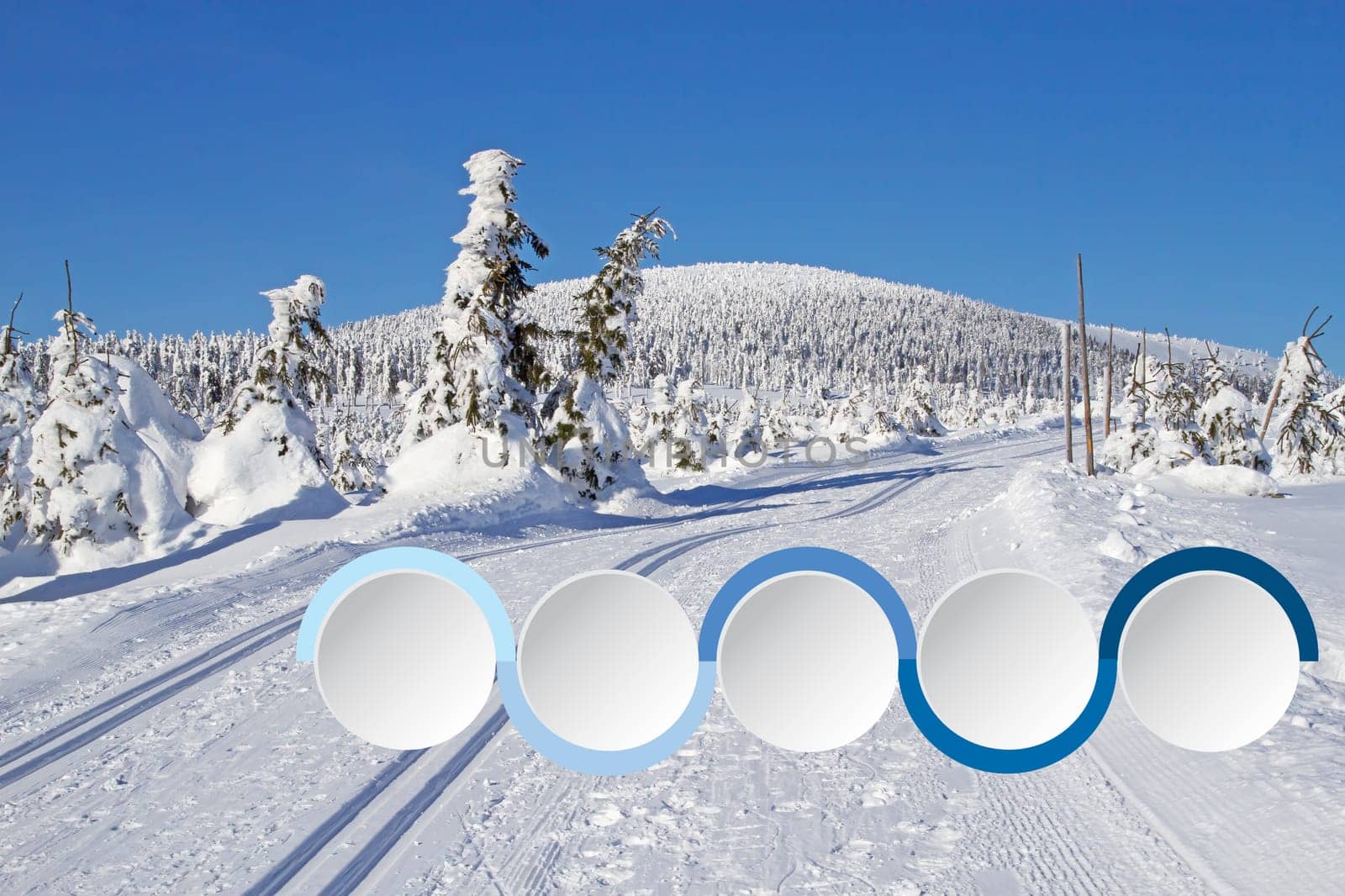 Winter mountain landscape scenery with blank circle infogtraphics ready for your use.