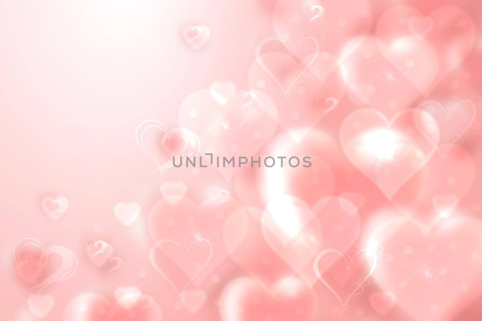 Valentines or wedding day card template. Abstract delicate love romantic holiday gradient pink orange background texture with hearts. Beautiful backdrop with space.