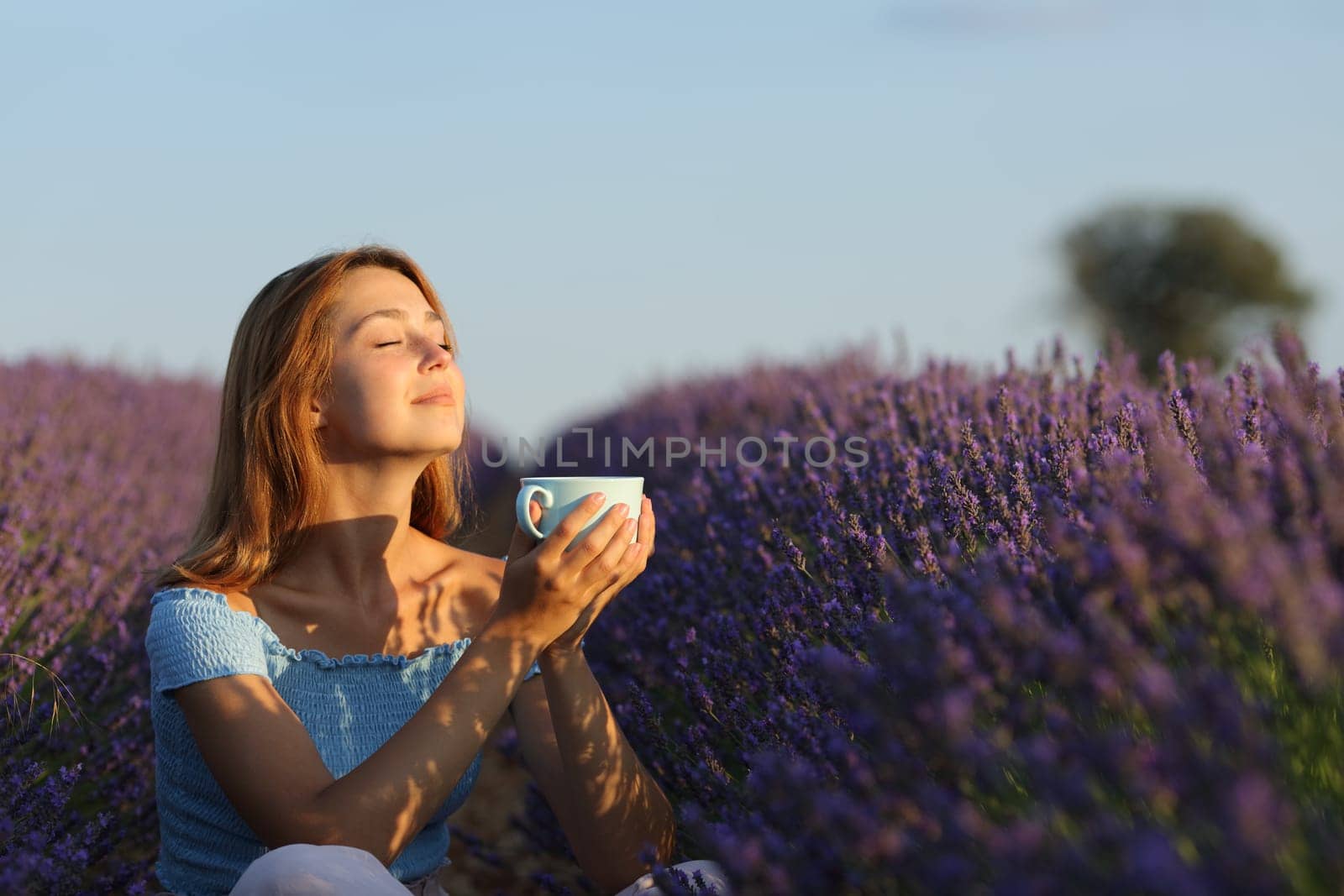 Happy woman relaxing drinking coffee in lavender field at sunset