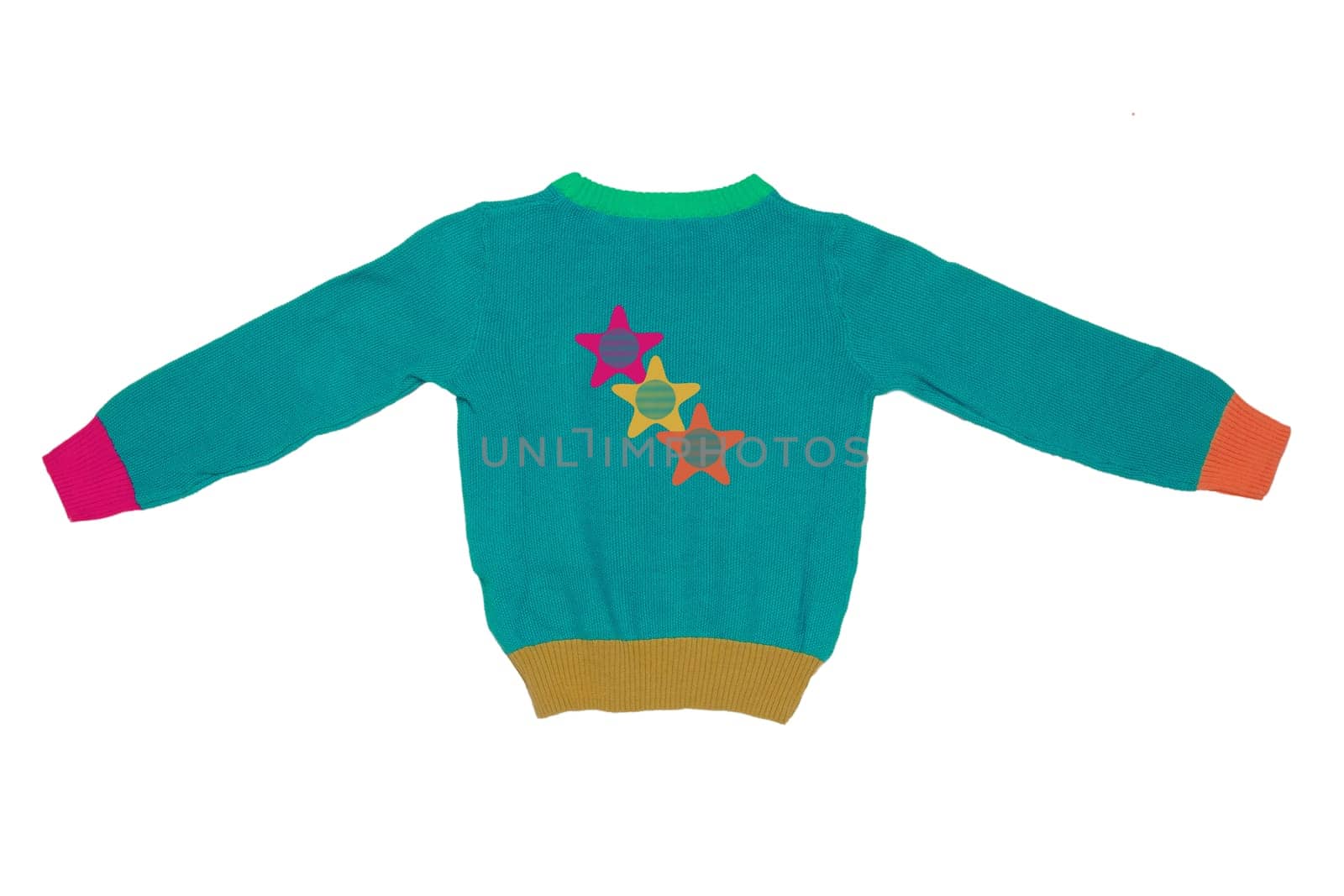 Top view of clothes for child boy isolated on a white background. A beautiful turquoise little child sweater or knitted cardigan. Autumn and winter fashion for kids.Back view.