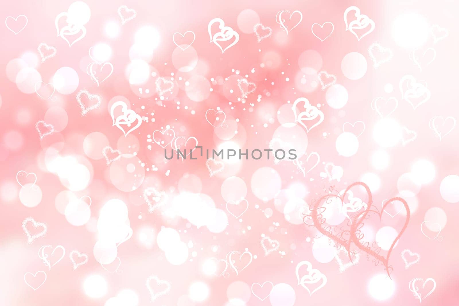 Valentines or wedding day card template. Abstract delicate love romantic holiday gradient pink orange background texture with hearts. Beautiful backdrop with space.