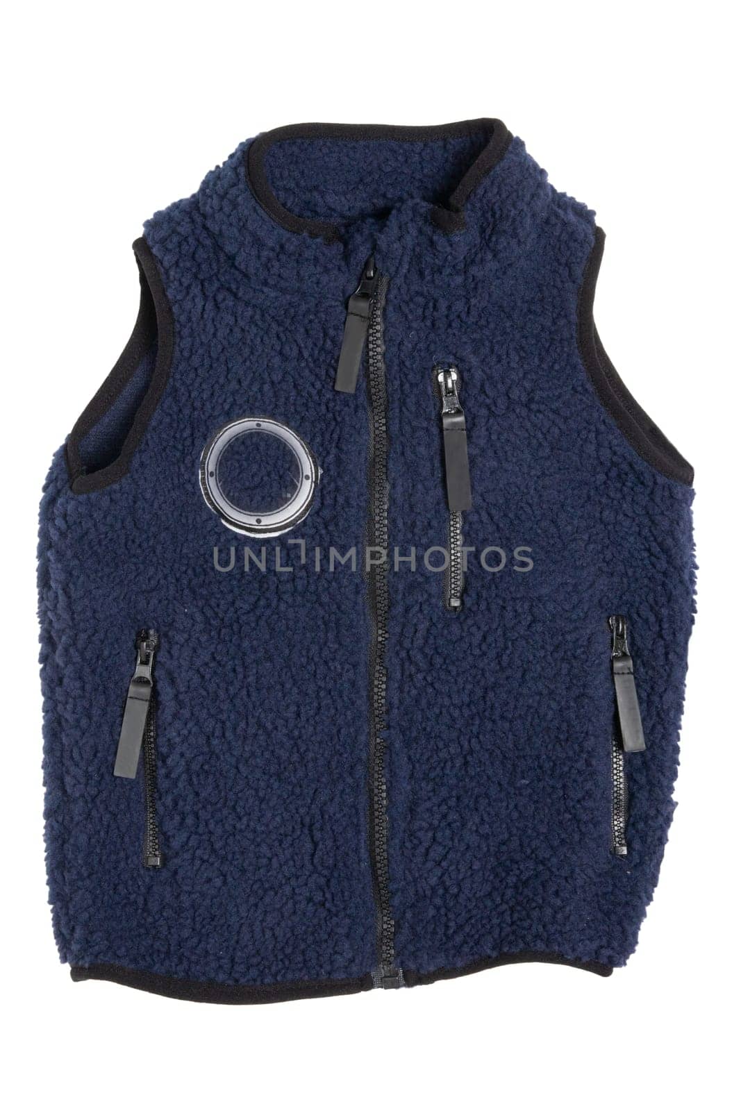 Fur vest. A blue fur vest with blue wool lining fabric and zipper for the little boy isolated on a white background. Child spring and autumn fashion.
