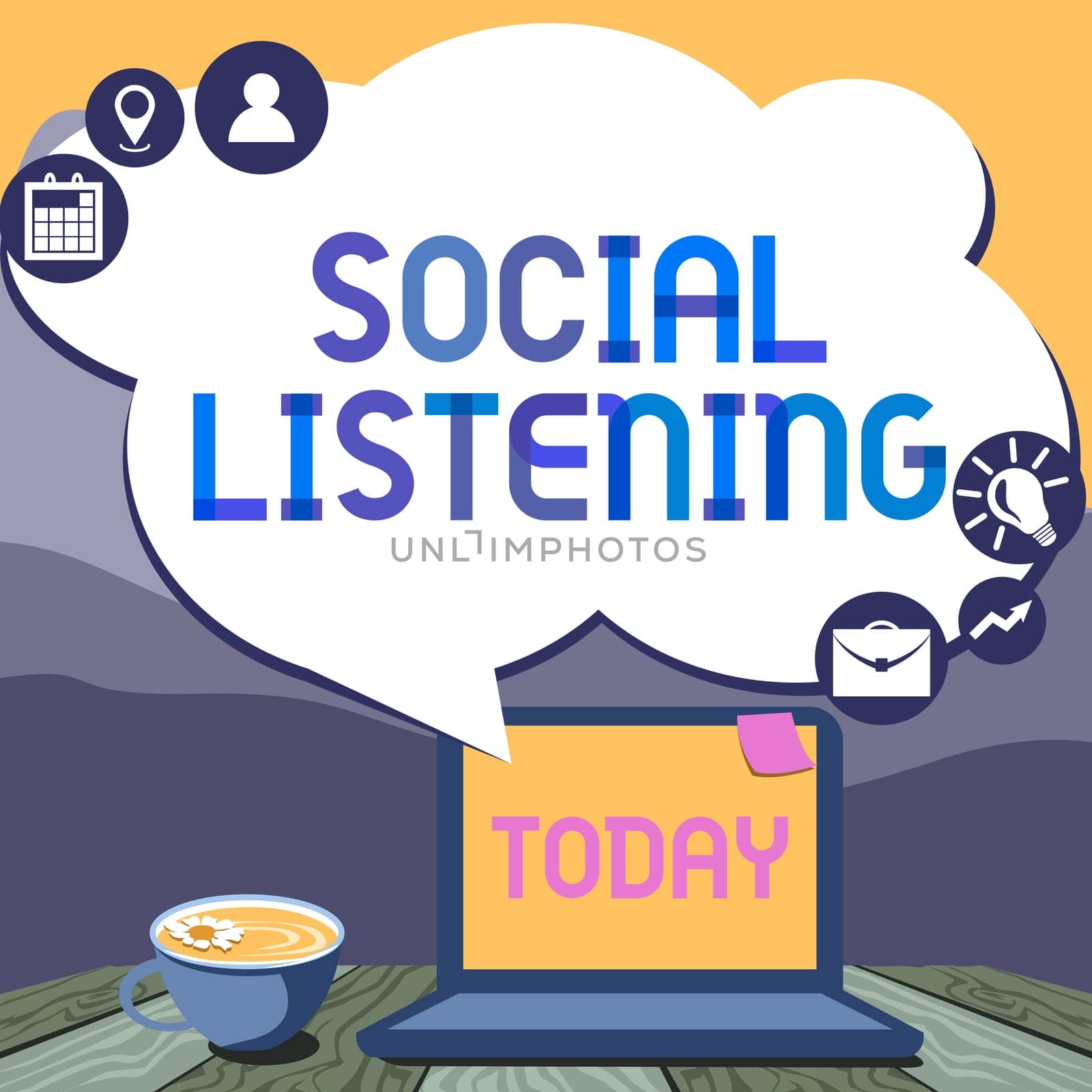 Text sign showing Social Listening. Business overview analyzing the conversations and trends of your product Hand Typing On Laptop Beside Coffe Mug And Plant Working From Home.