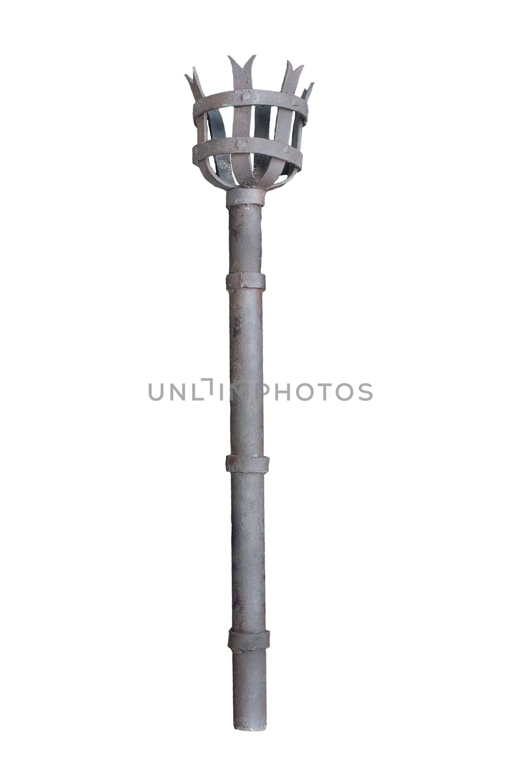 Old hand held iron torch. Isolated over white background