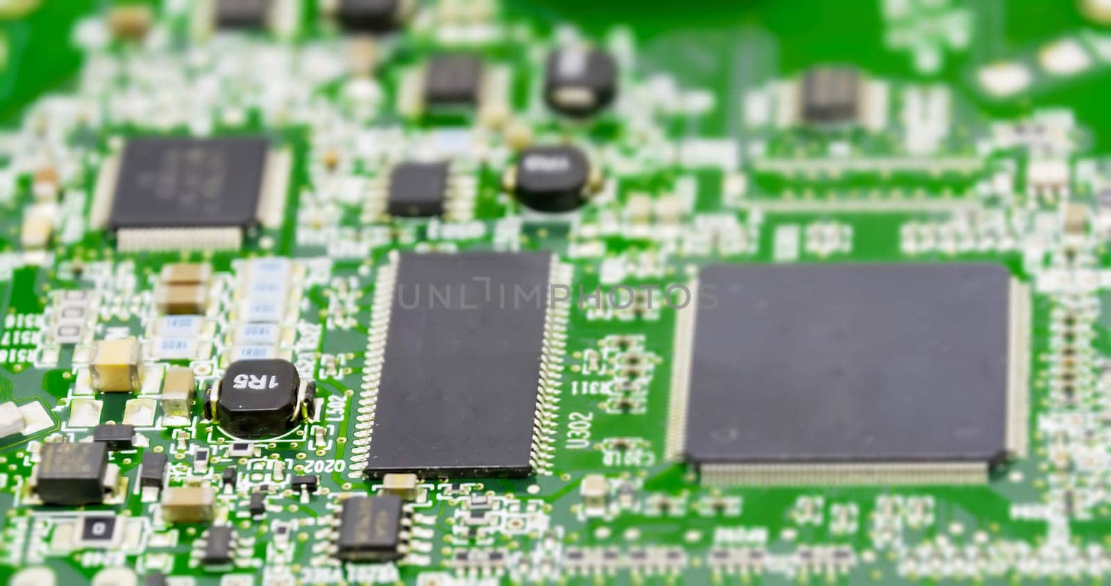 Microprocessor printed circuit board. Micro technology and microchip. Electronic components and conductors