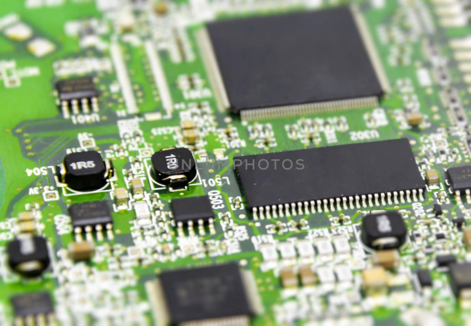 Microprocessor printed circuit board. Micro technology and microchip. Electronic components and conductors