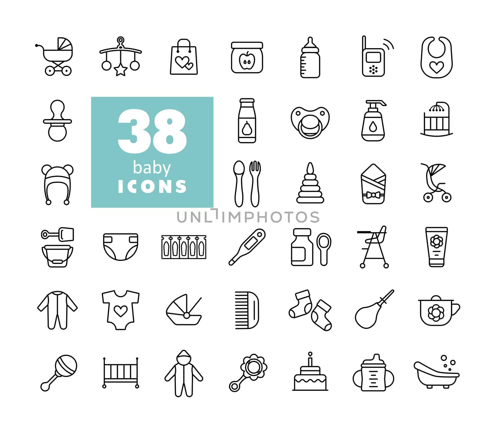 Baby, feeding and care icons set. Graph symbol for children and newborn babies web site and apps design, logo, app, UI