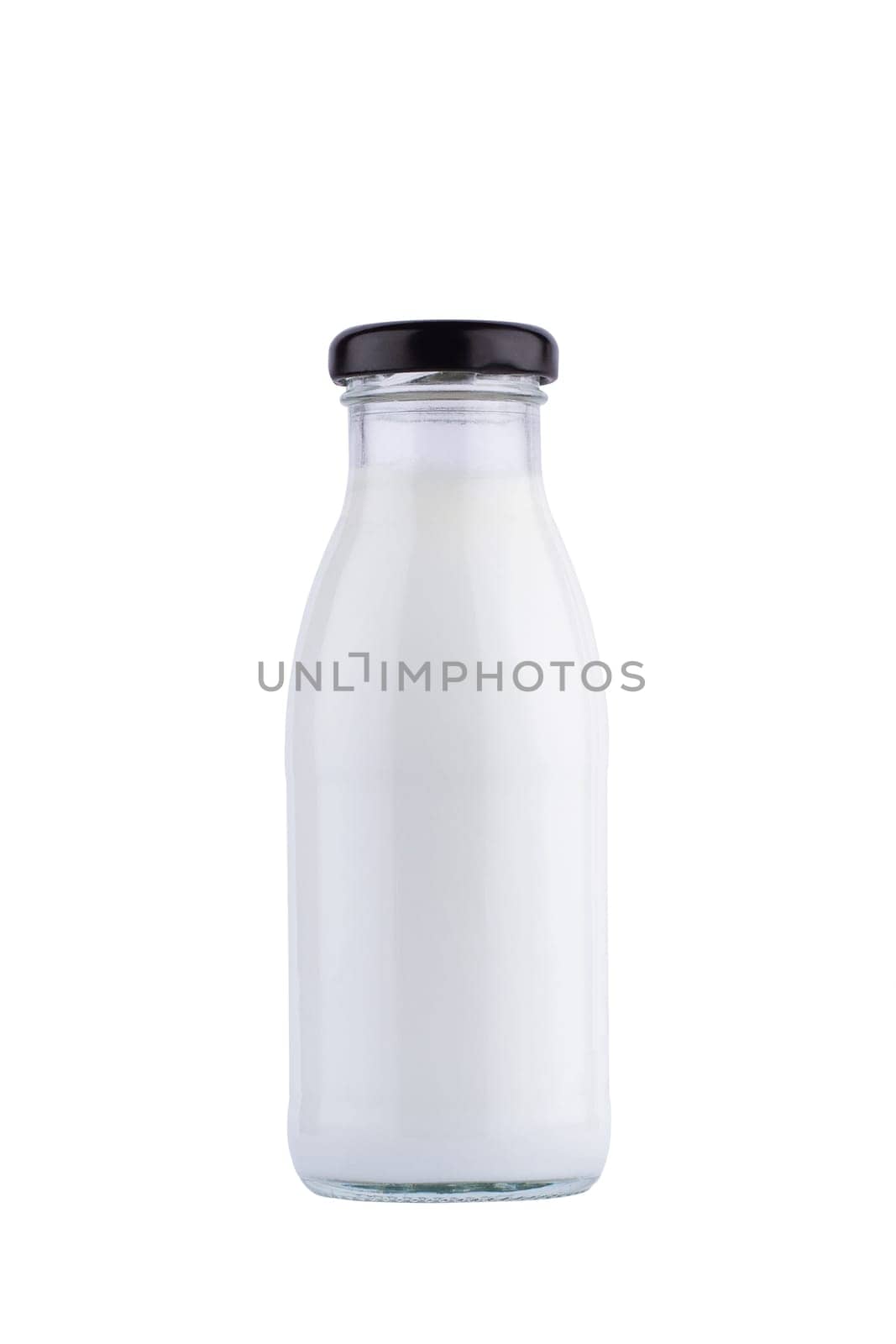 front view closeup of half liter glass bottle of fresh milk mockup with black colored cap enclosure and no label  isolated on white background