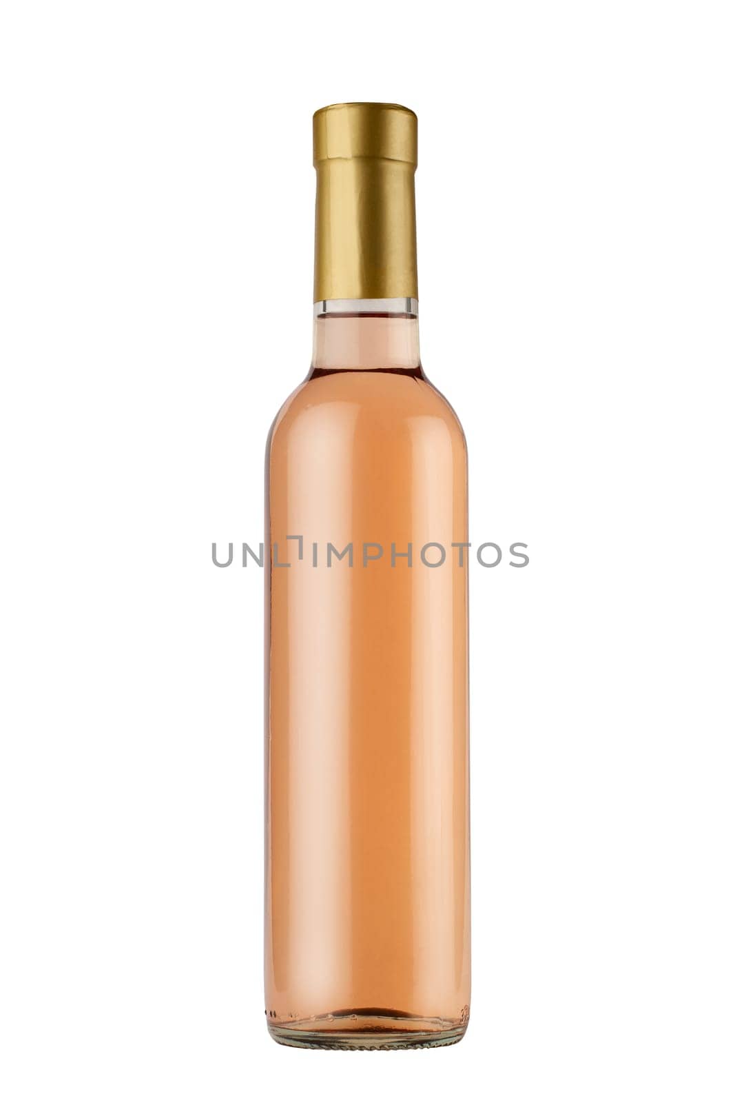 front view closeup of small 375ml rose wine bottle mockup with gold colored cap and no label isolated on white background