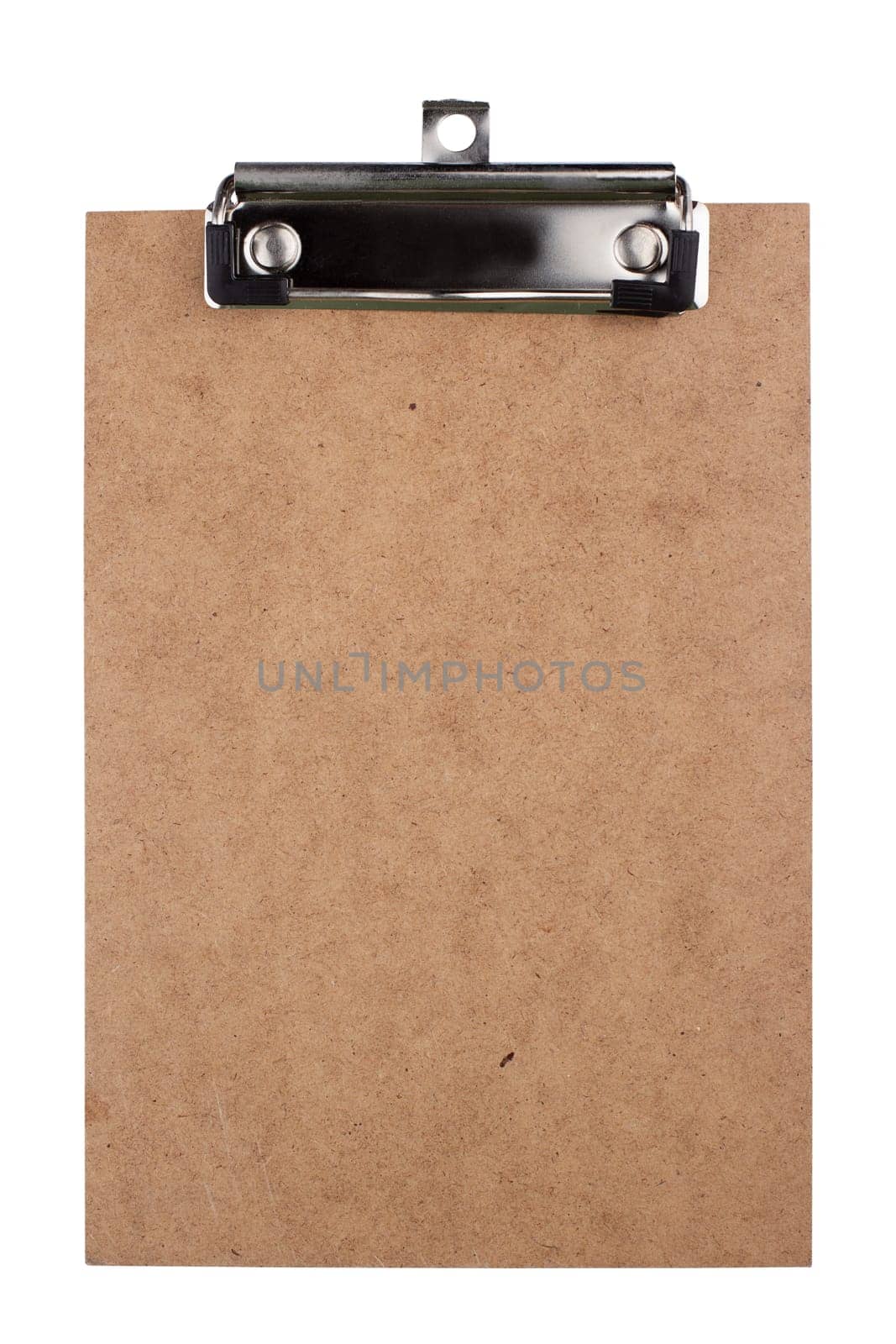 front view closeup of small brown clipboard document holder mockup isolated on white