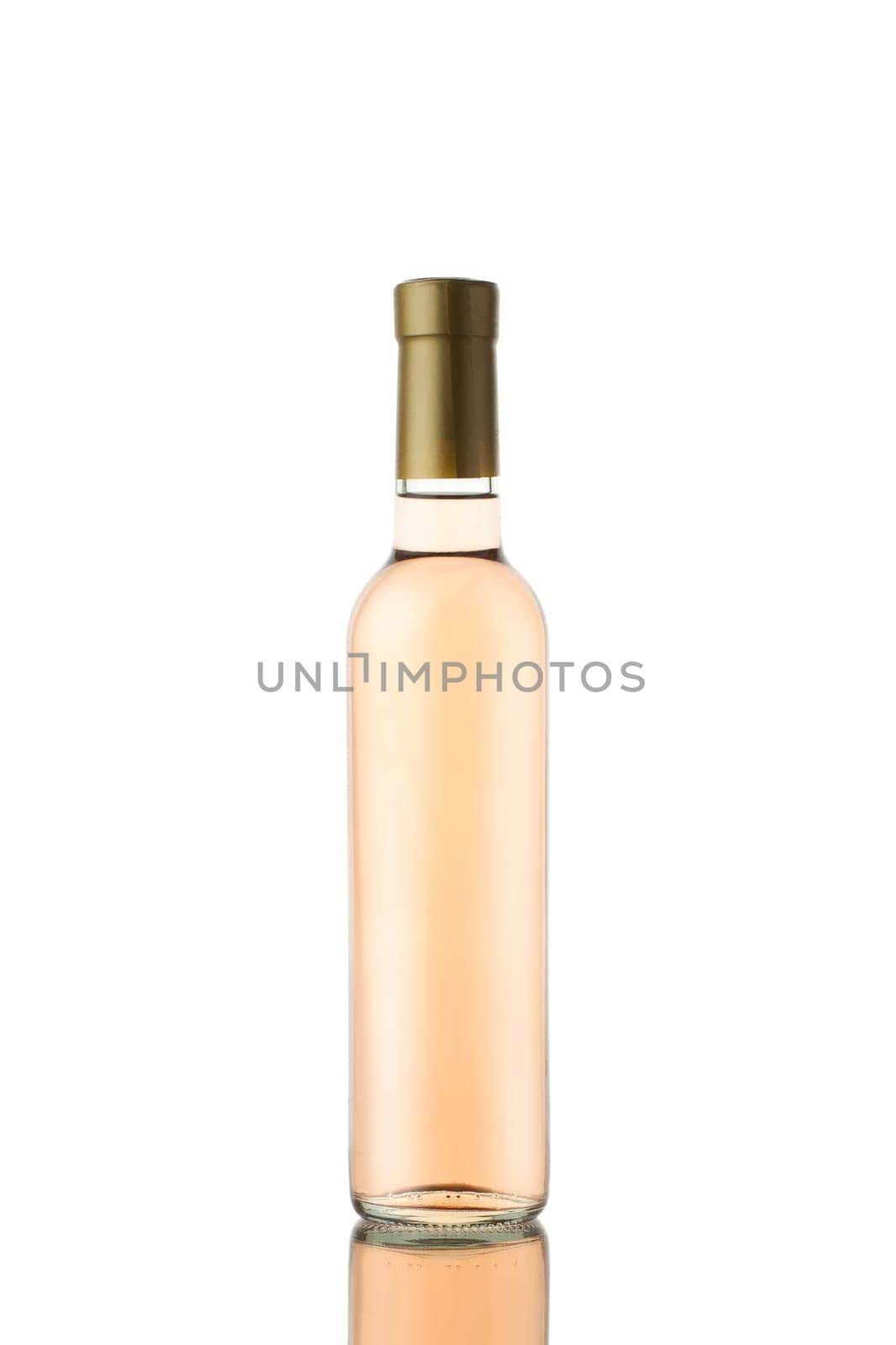 front view closeup of small 375ml rose wine bottle mockup with gold colored cap and no label isolated on white background with reflection