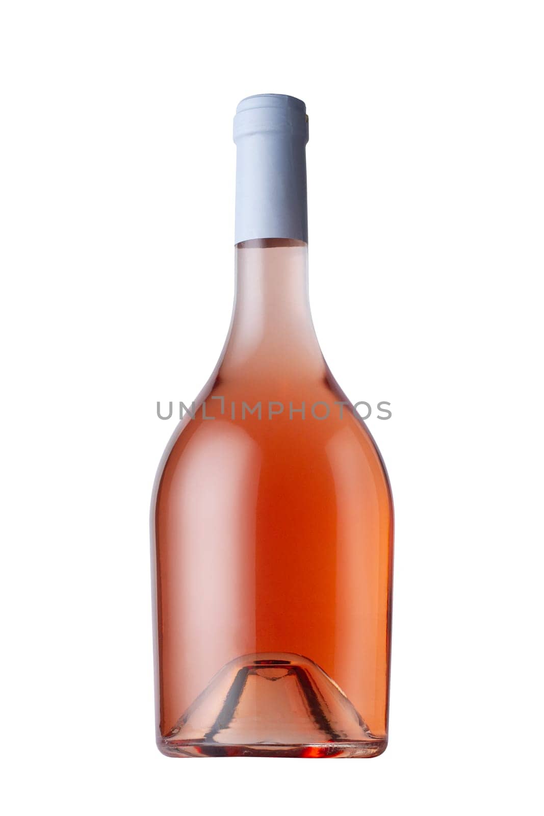 front view closeup of round shaped rose wine bottle mockup with light blue colored cap and no label isolated on white background