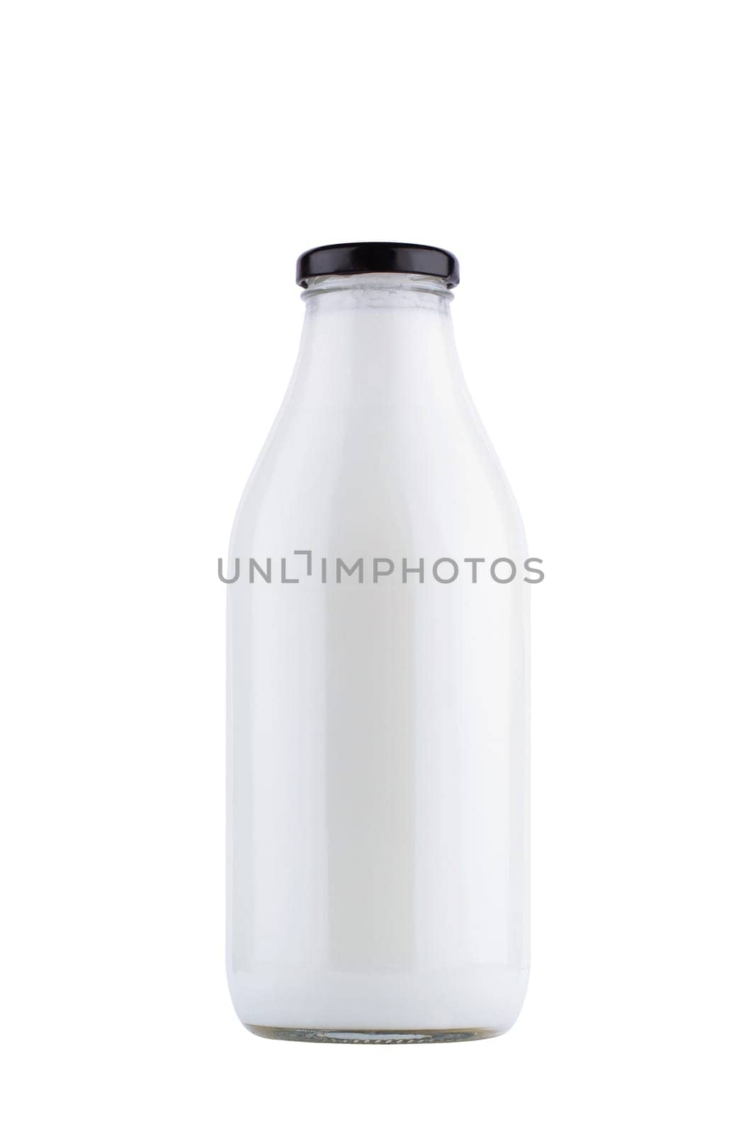 front view closeup of full closed one liter glass bottle of fresh milk mockup with black colored cap enclosure and no label  isolated on white background