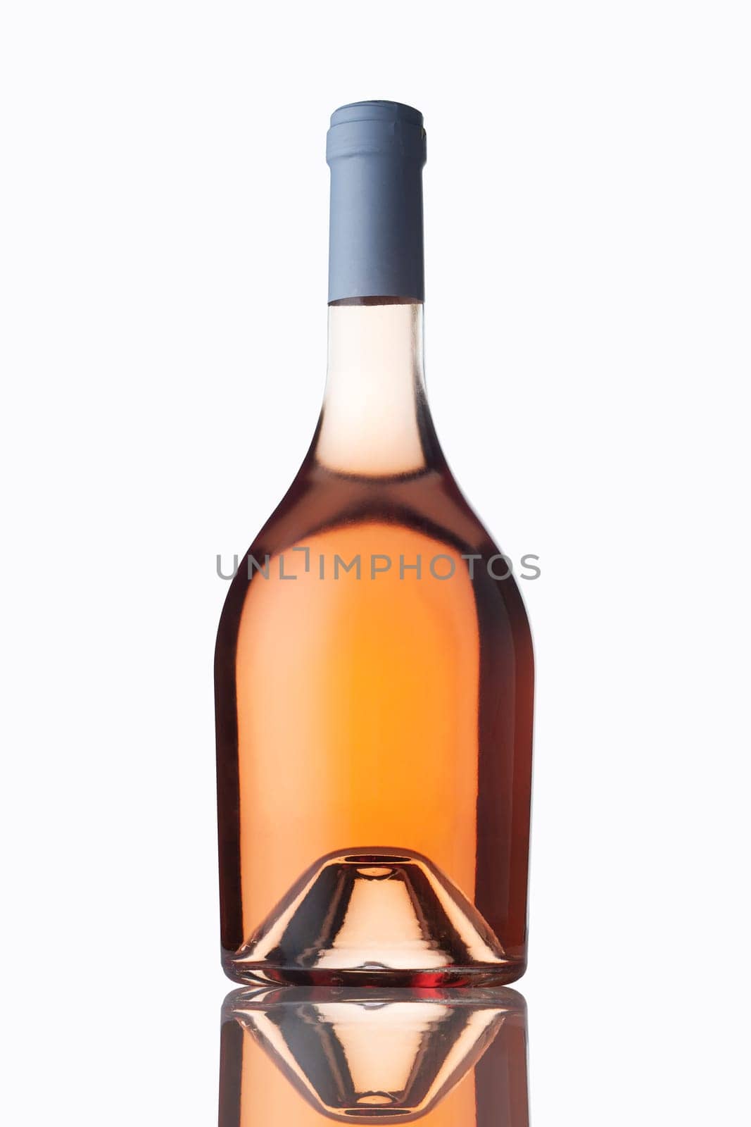 front view closeup of round shaped rose wine bottle mockup with light blue colored cap and no label isolated on white background with reflection