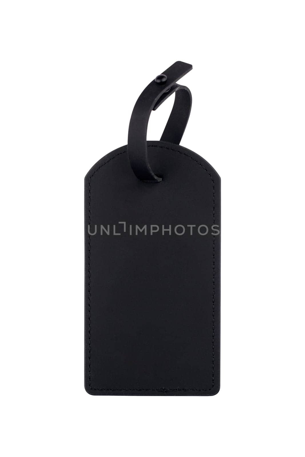 top view closeup of black matte blank leather tag mockup with attached string isolated on white background