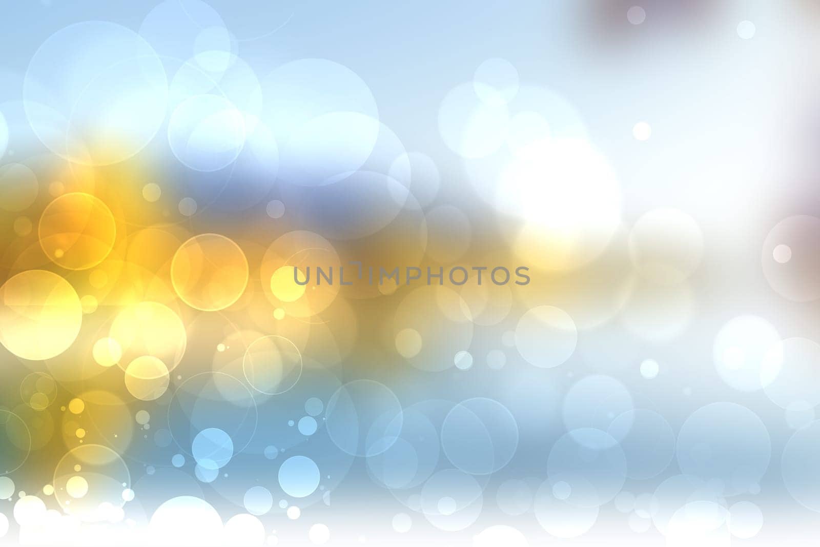 Hello spring background. Abstract bright spring or summer landscape texture with natural yellow green bokeh lights and sunshine on blue sky. Beautiful backdrop with space.