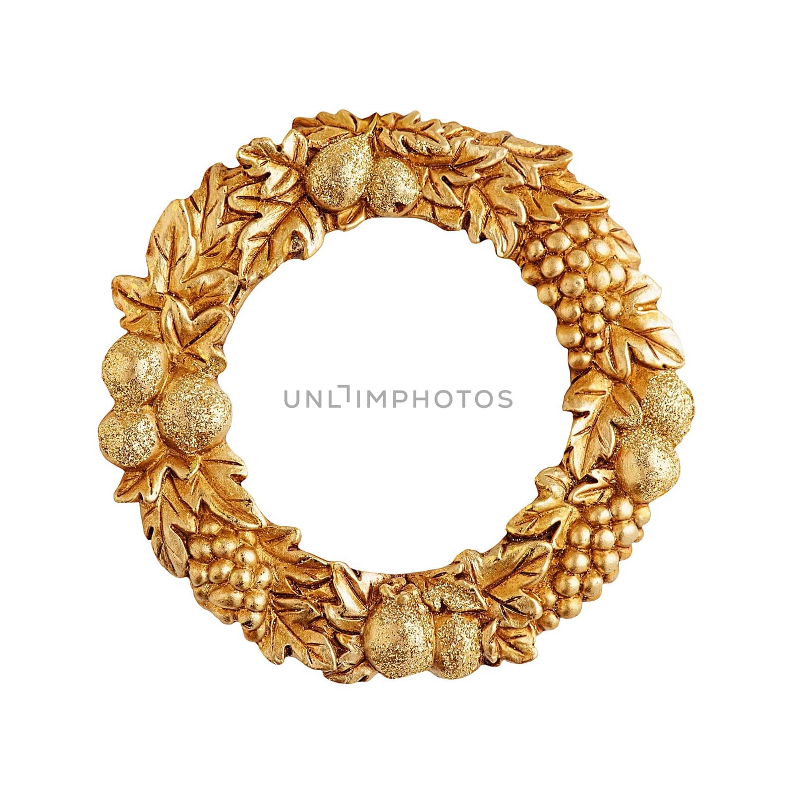 Round empty decorative golden color frame in the form of a wreath with fruits and leaves isolated