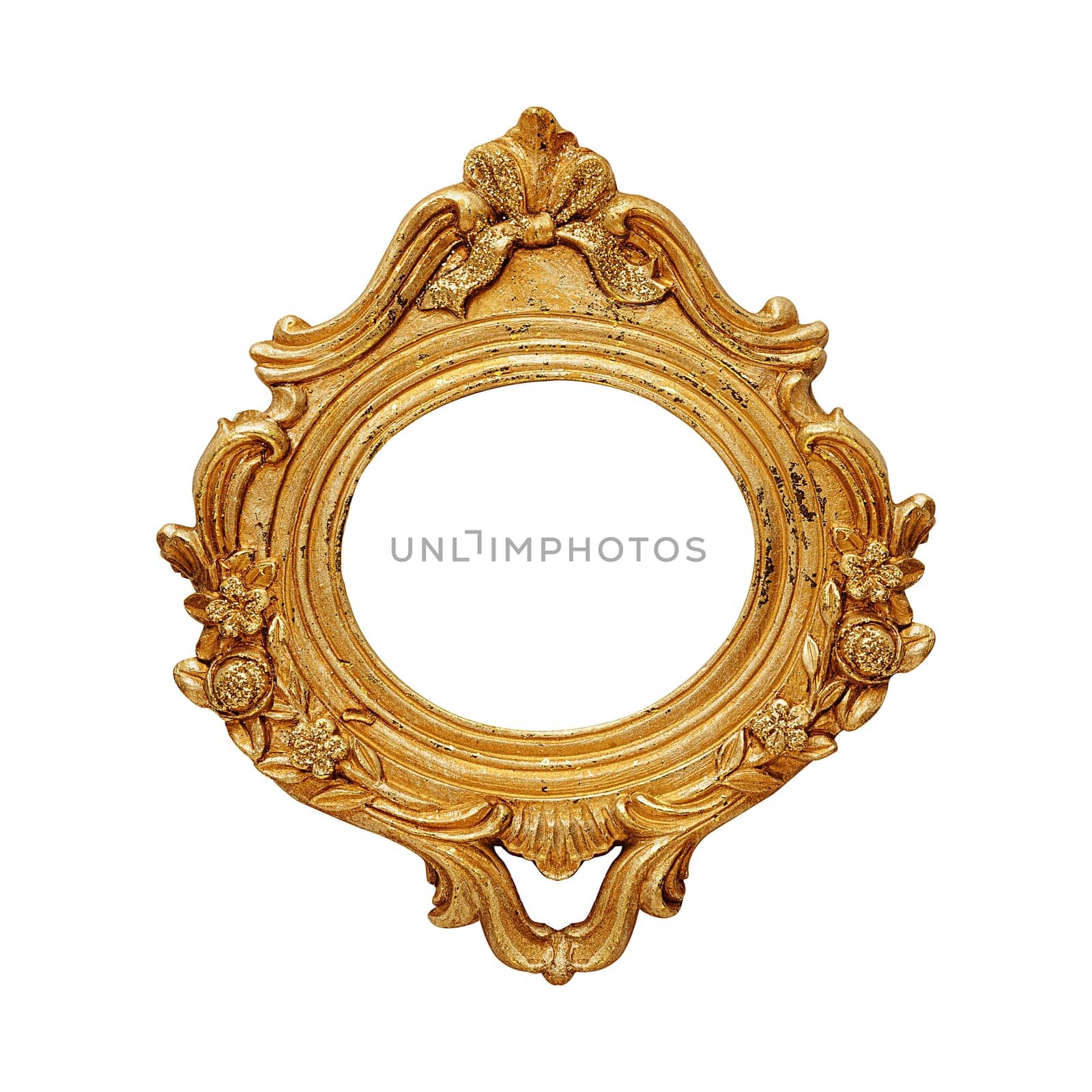 Oval blank shabby antique gold color frame isolated