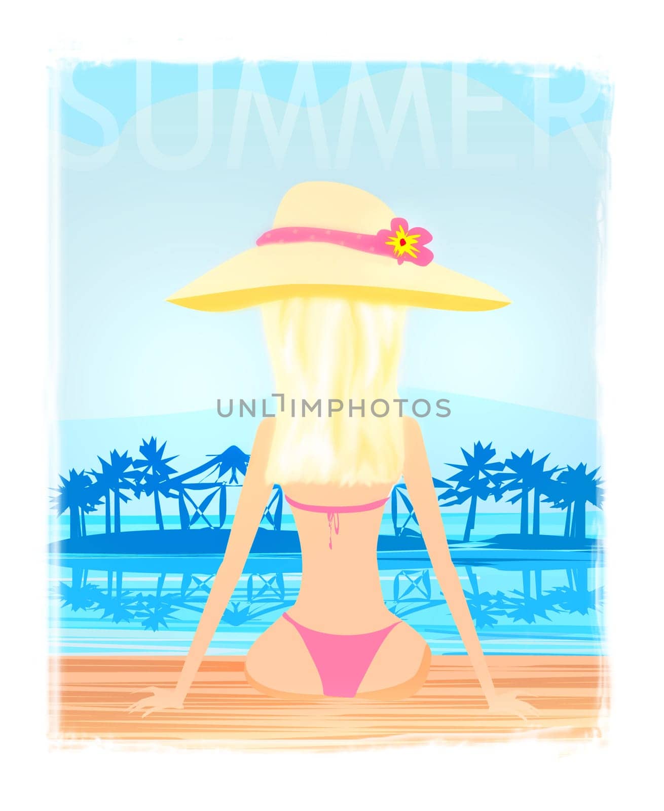 girl in bikini and tropical pool - funny holiday card