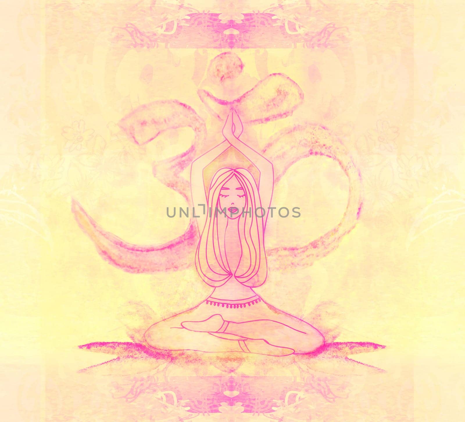 woman meditating  - artistic vintage card with a OM symbol and a beautiful girl
