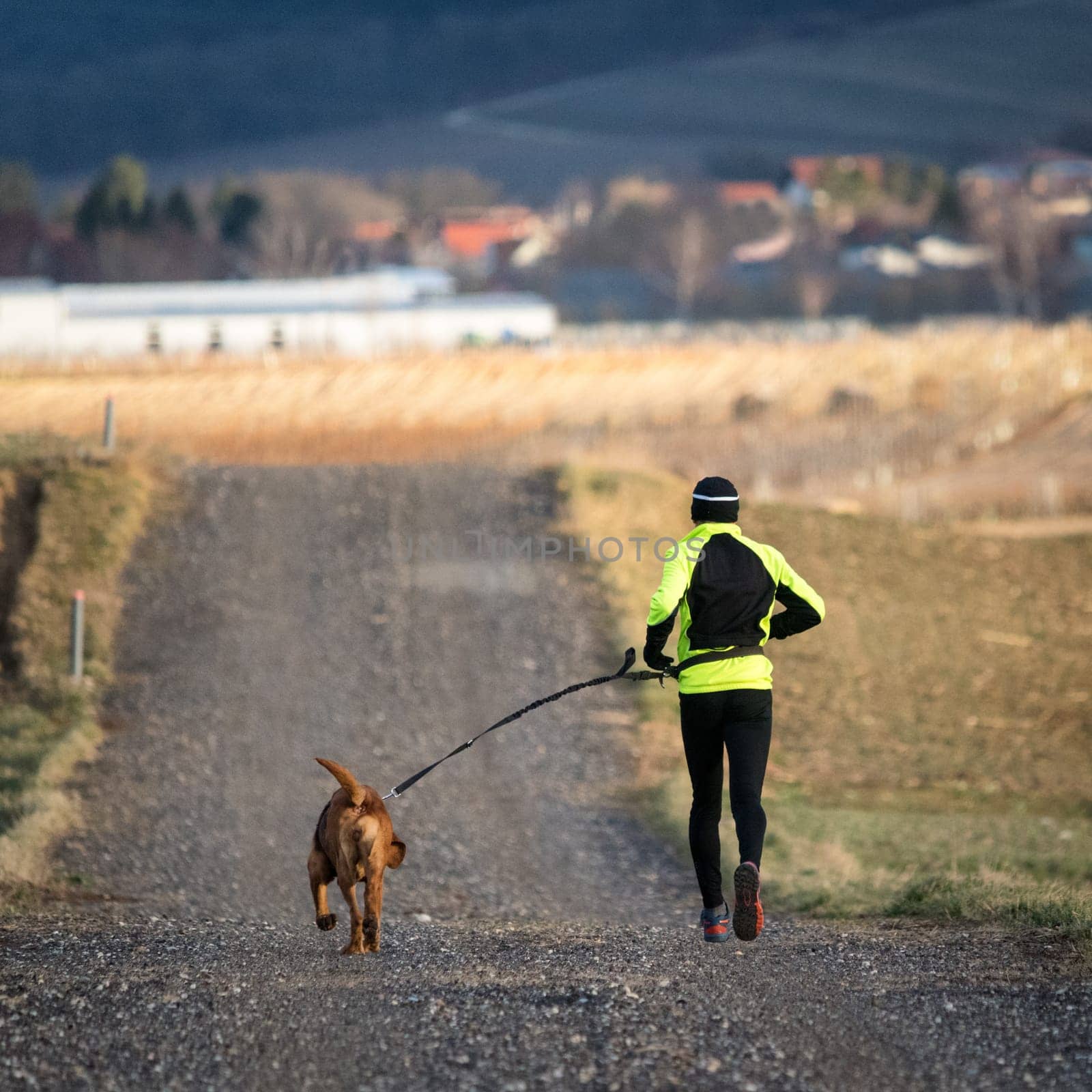 runner running across the field with his dog