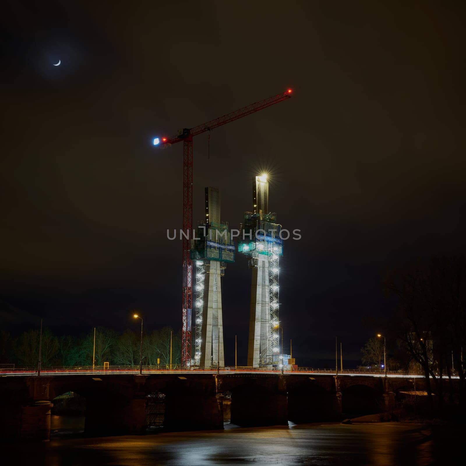 Construction site of the bridge piers of the new pylon bridge, the new landmark of the city, over the river Elbe in Magdeburg