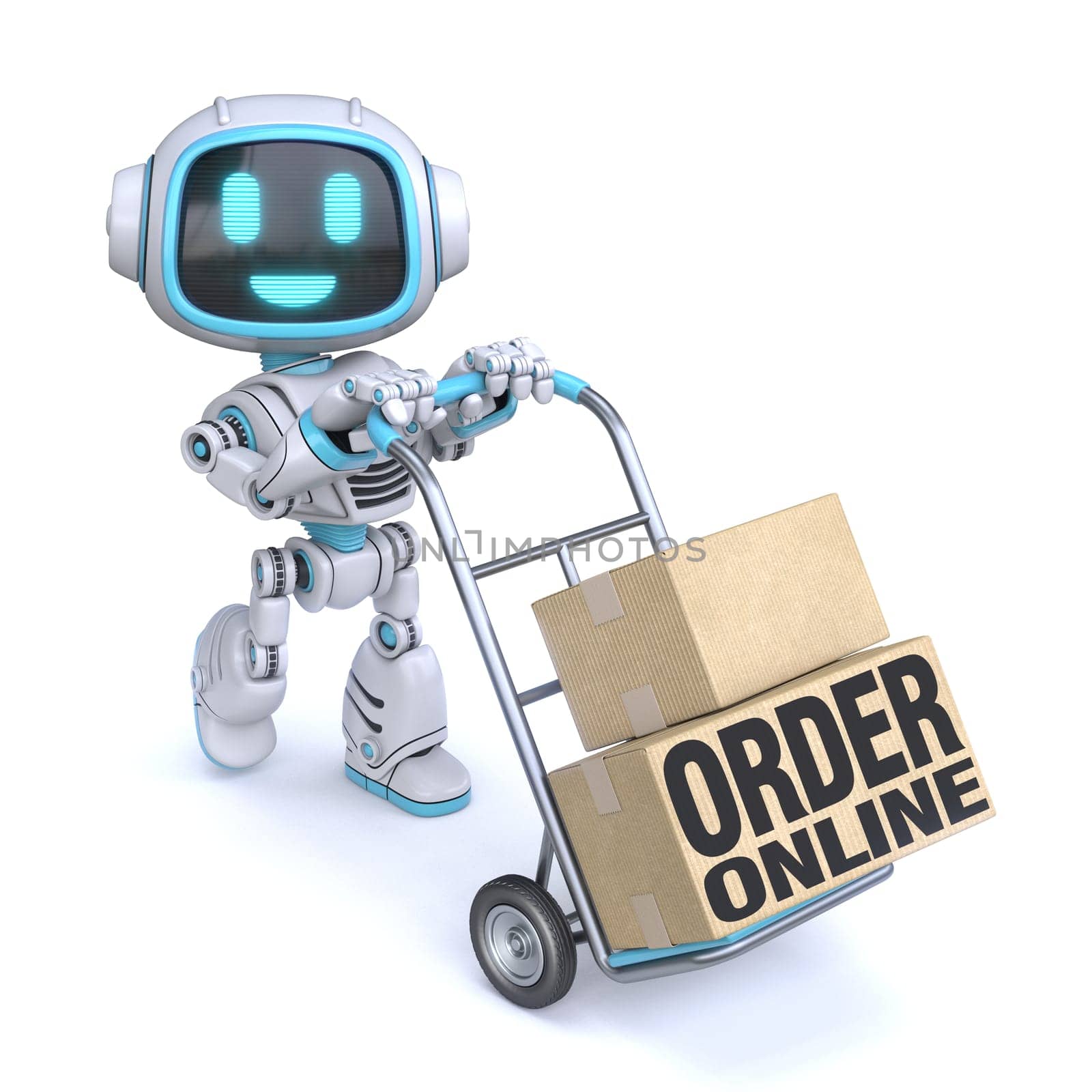 Cute blue robot with hand truck Order online concept 3D rendering illustration isolated on white background