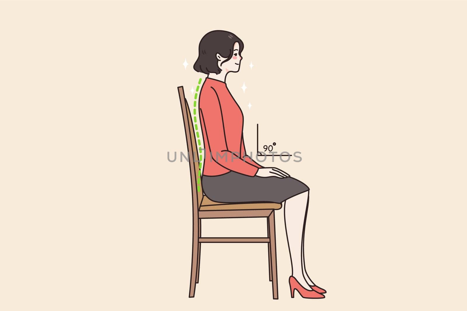Young woman sit on chair in correct position think of back. Female employee right sedentary pose at work. Healthcare and incorrect posture concept. Healthy lifestyle. Vector illustration.