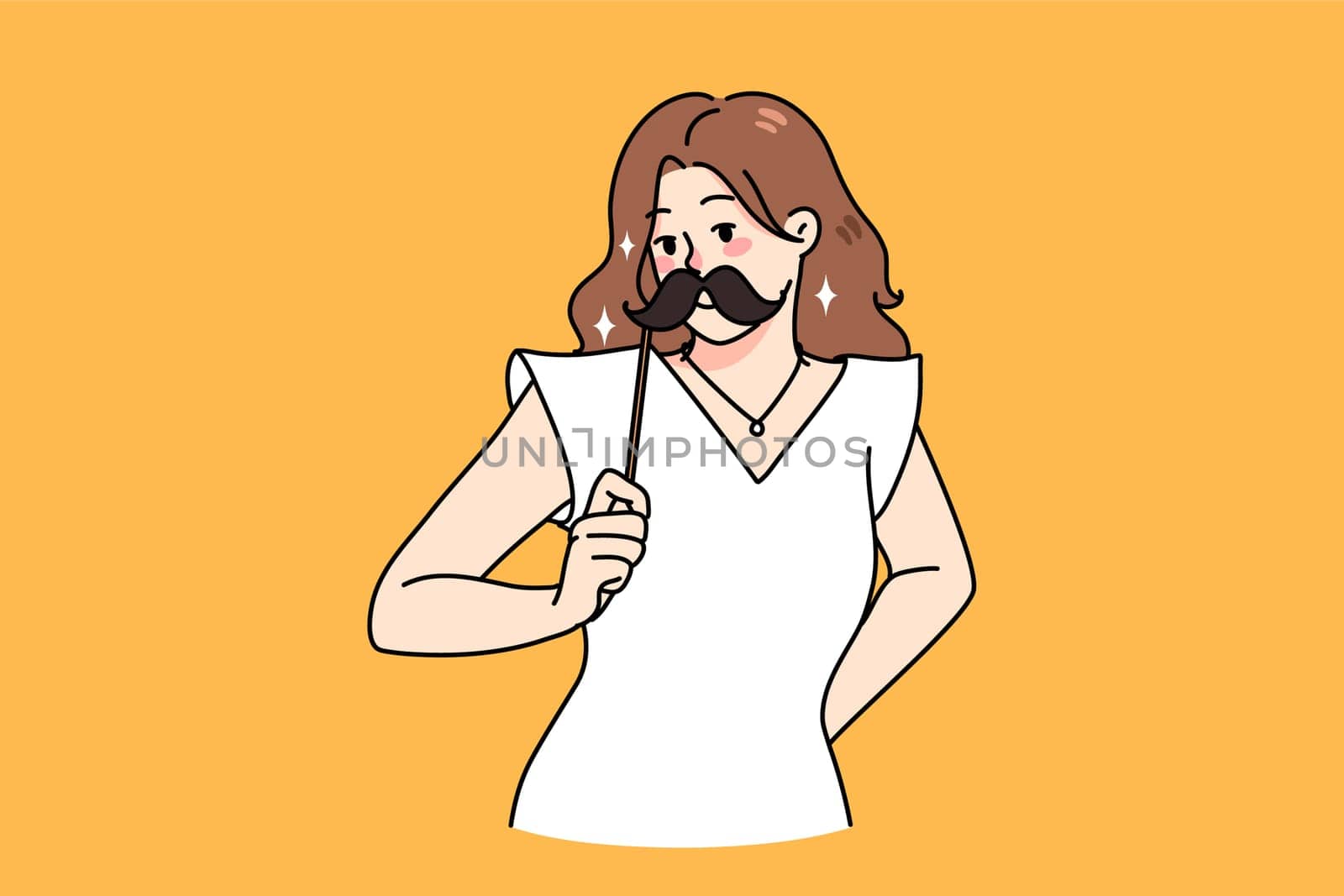 Smiling girl hold moustache on stick have fun on party or celebration. Happy young woman dressed for carnival or costume event. Celebrating feeling festive and joyful. Vector illustration.