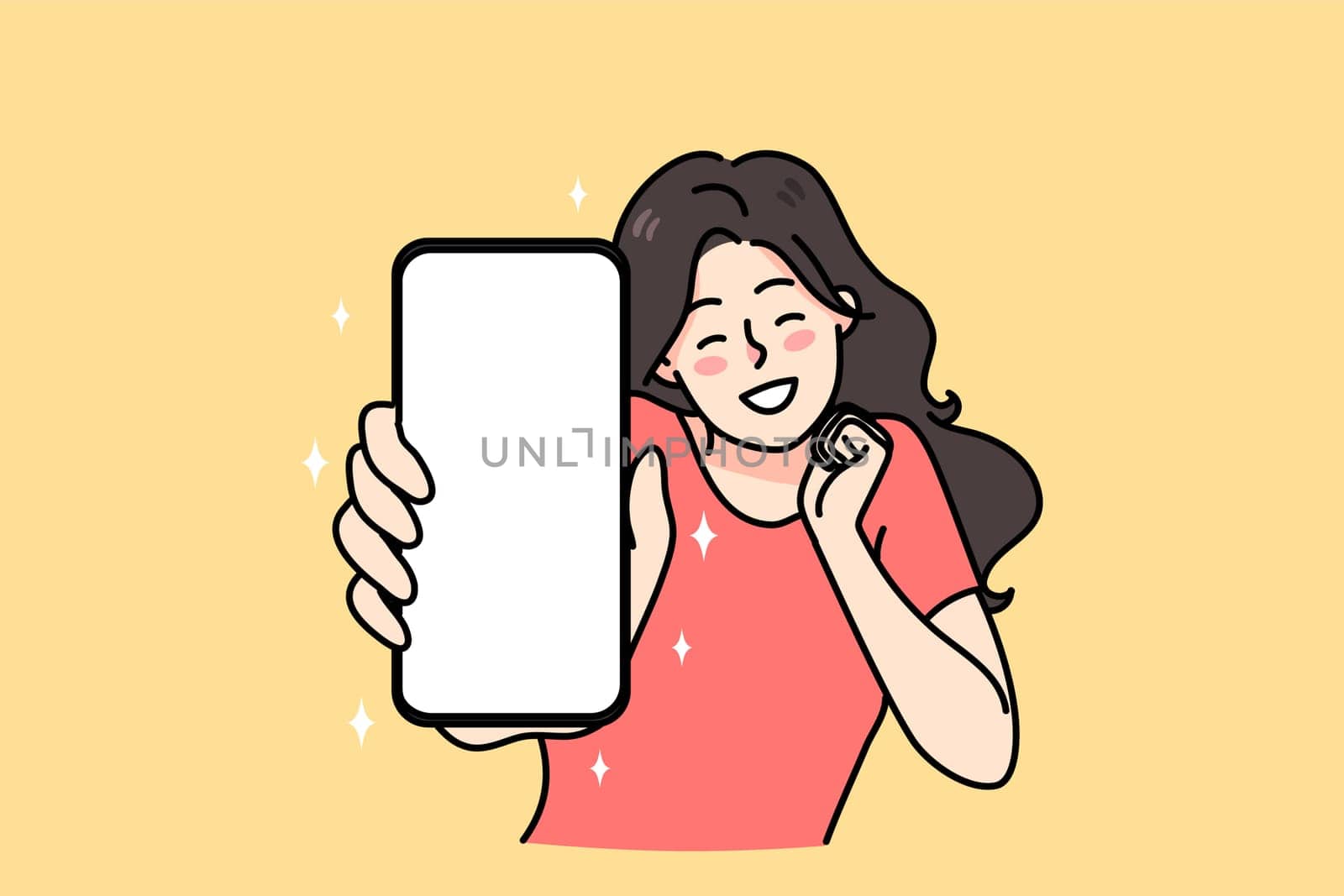 Smiling girl show smartphone with mockup screen