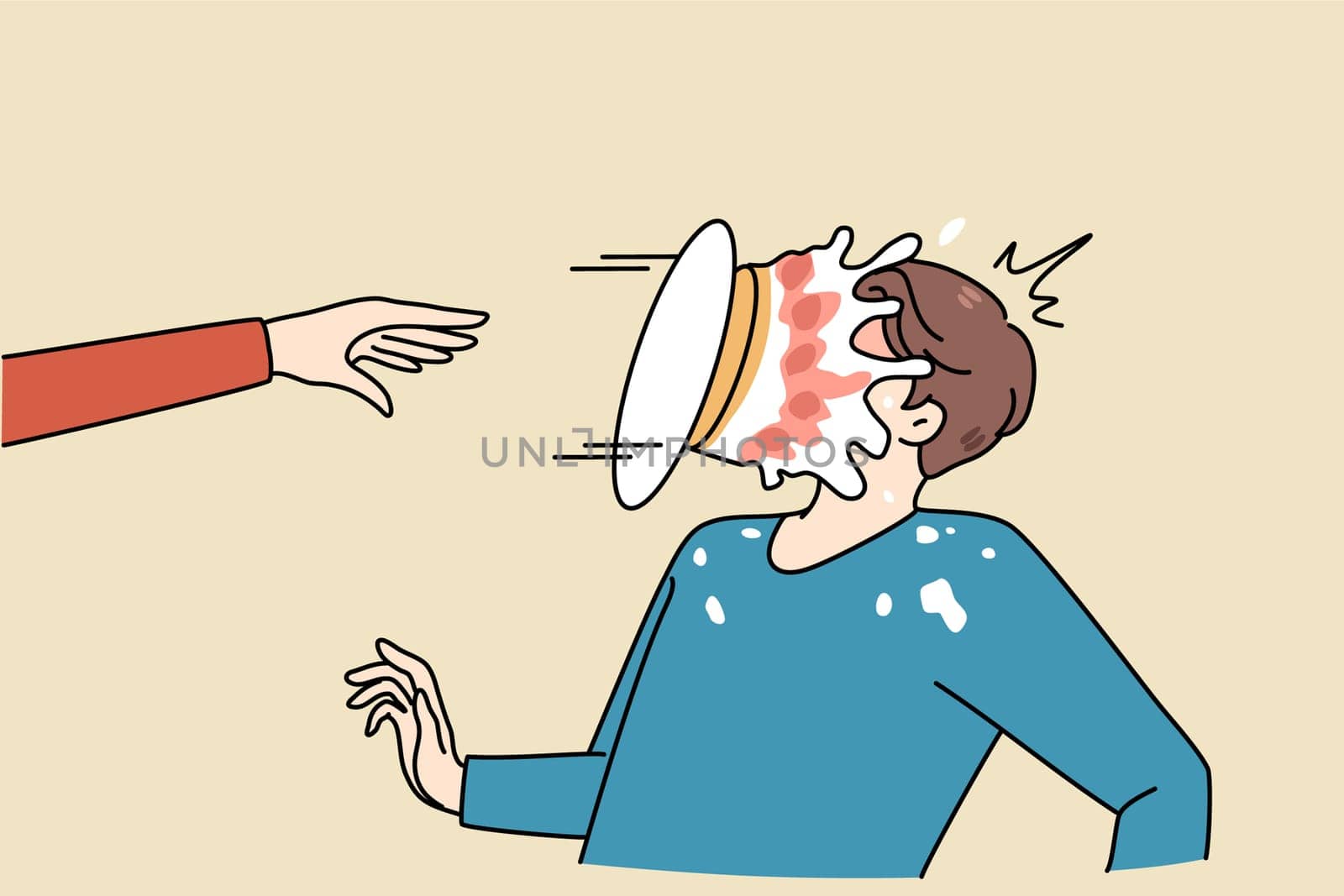 Person throw pie in man face make fun of friend or colleague. Greeting or congratulation with happy birthday prank or joke. Laughter and smile concept. Flat vector illustration.
