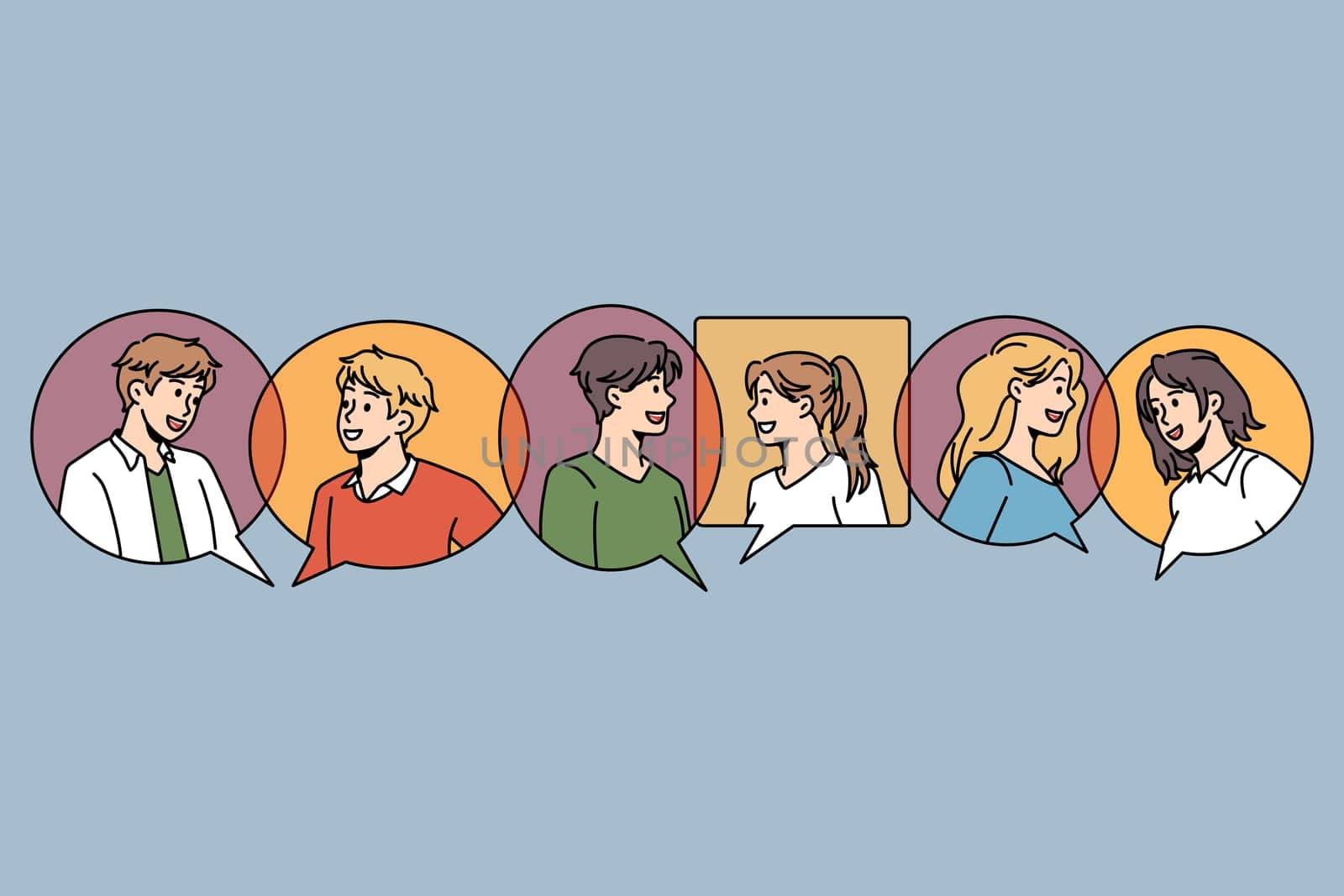 Communication bubble and chat concept. Bubbles of communication replies chats with portraits of people talking online vector illustration