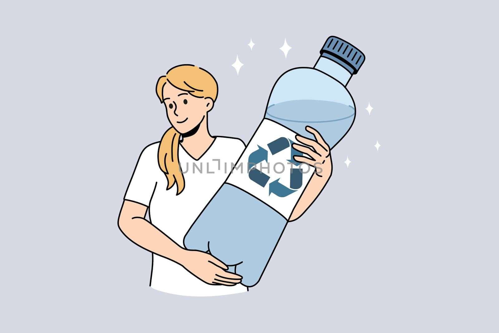 Pure water and recycling concept. Young positive blonde woman standing and holding huge bottle of pure drinking water with recycling ecology sign vector illustration