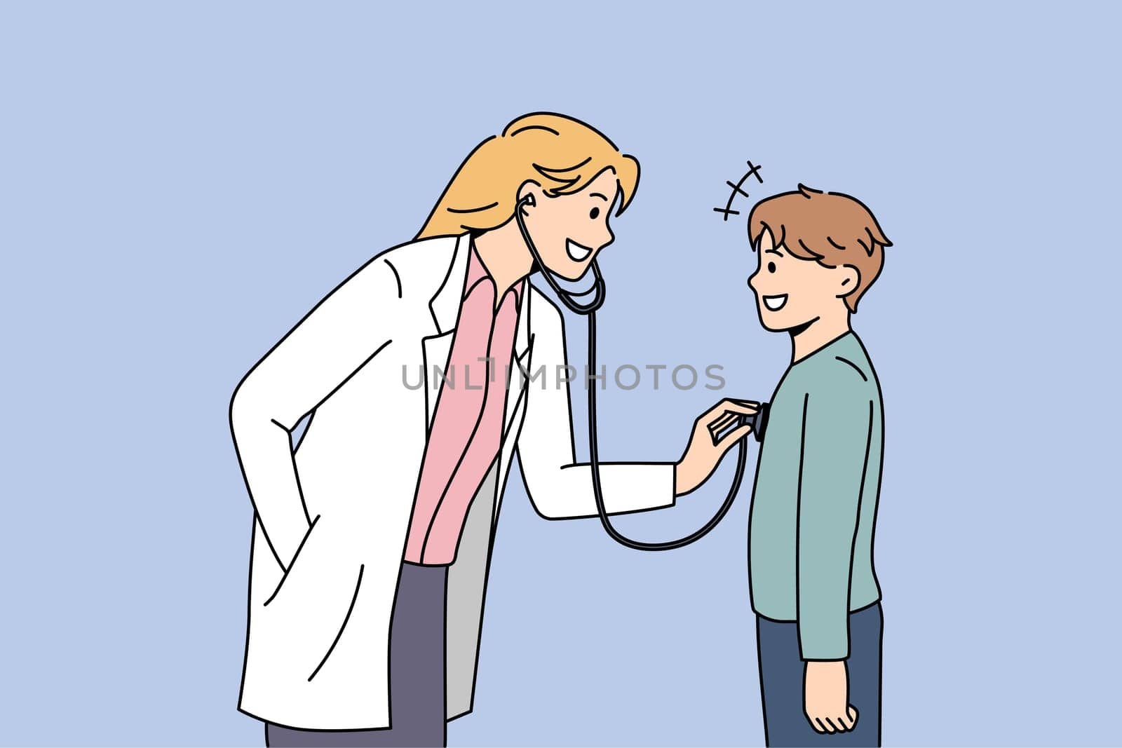 Pediatrician working in healthcare concept. Young smiling woman pediatrician standing and examining little boy patient with stethoscope vector illustration