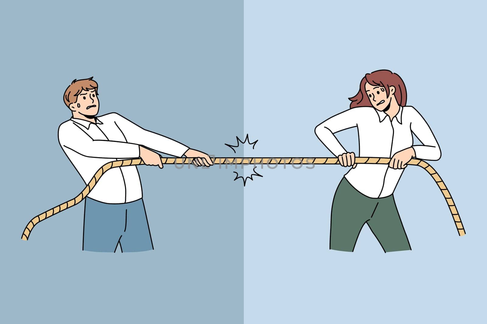 Business competition and rivalry concept. Young businessman and woman fighting pulling rope playing in business competition with each other vector illustration